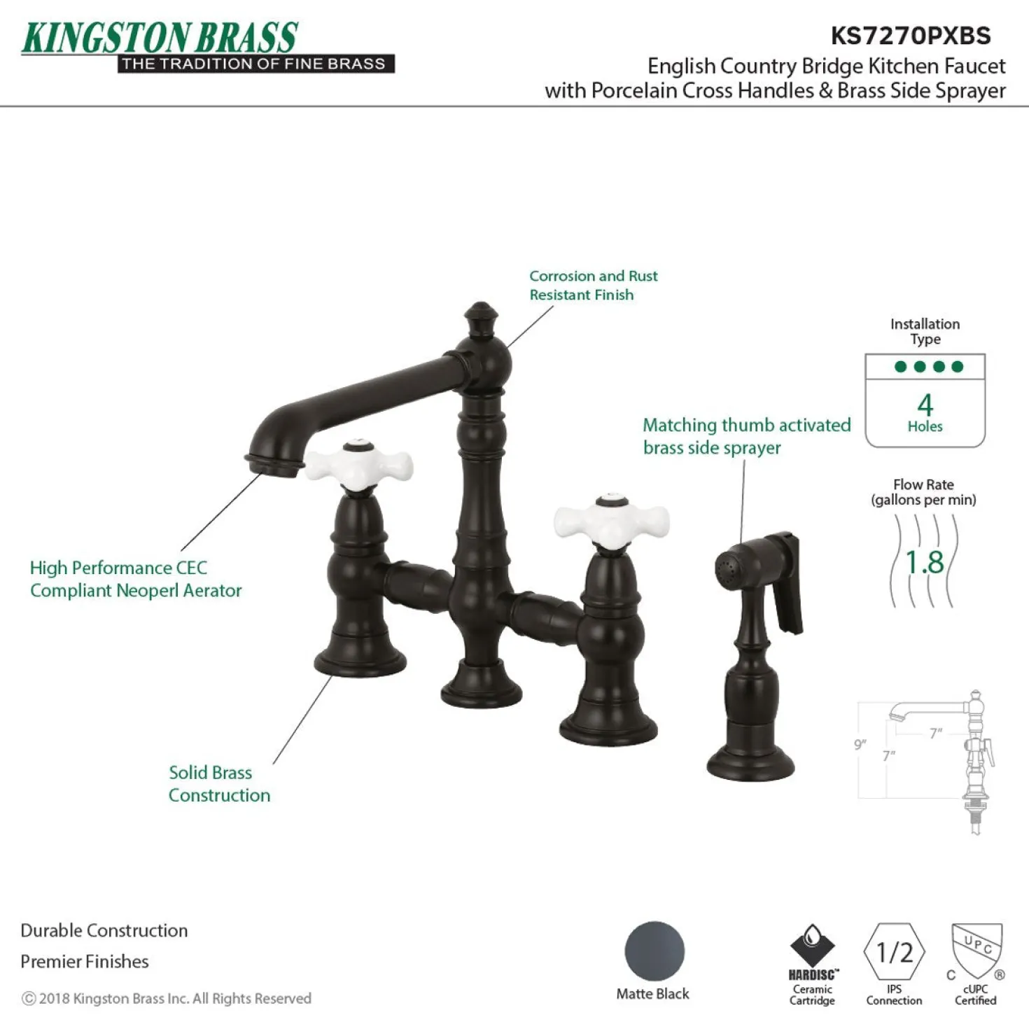Kingston Brass English Country 8" Bridge 4-Hole Kitchen Faucet with Sprayer