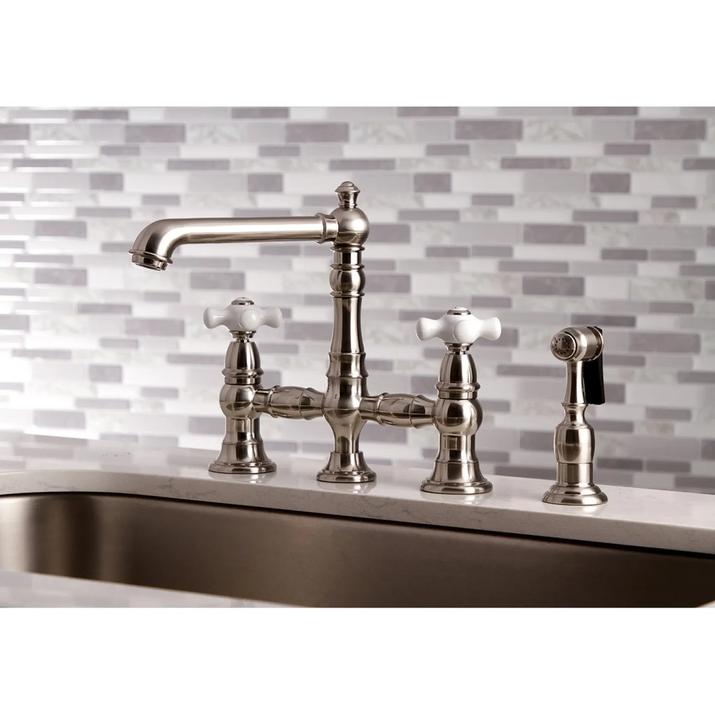 Kingston Brass English Country 8" Bridge 4-Hole Kitchen Faucet with Sprayer