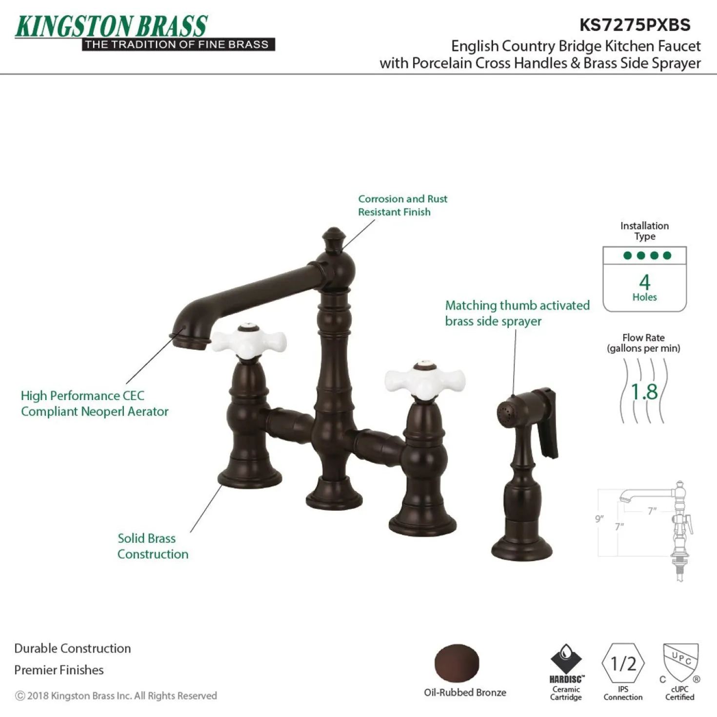 Kingston Brass English Country 8" Bridge 4-Hole Kitchen Faucet with Sprayer
