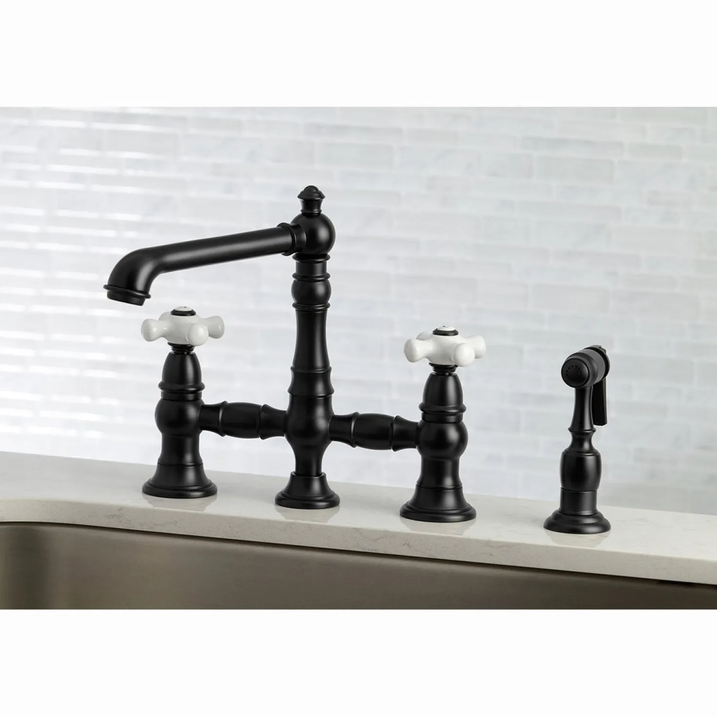 Kingston Brass English Country 8" Bridge 4-Hole Kitchen Faucet with Sprayer
