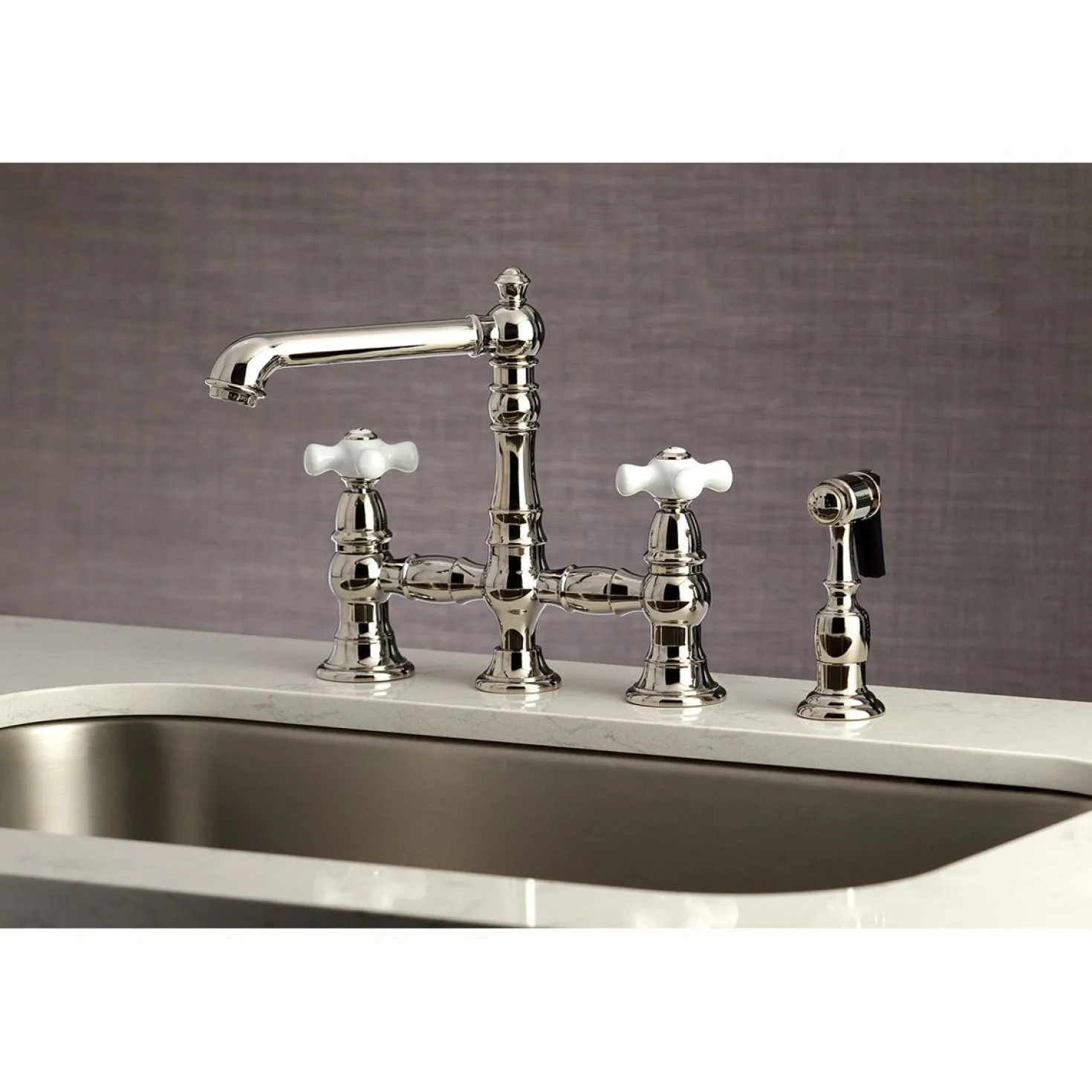 Kingston Brass English Country 8" Bridge 4-Hole Kitchen Faucet with Sprayer