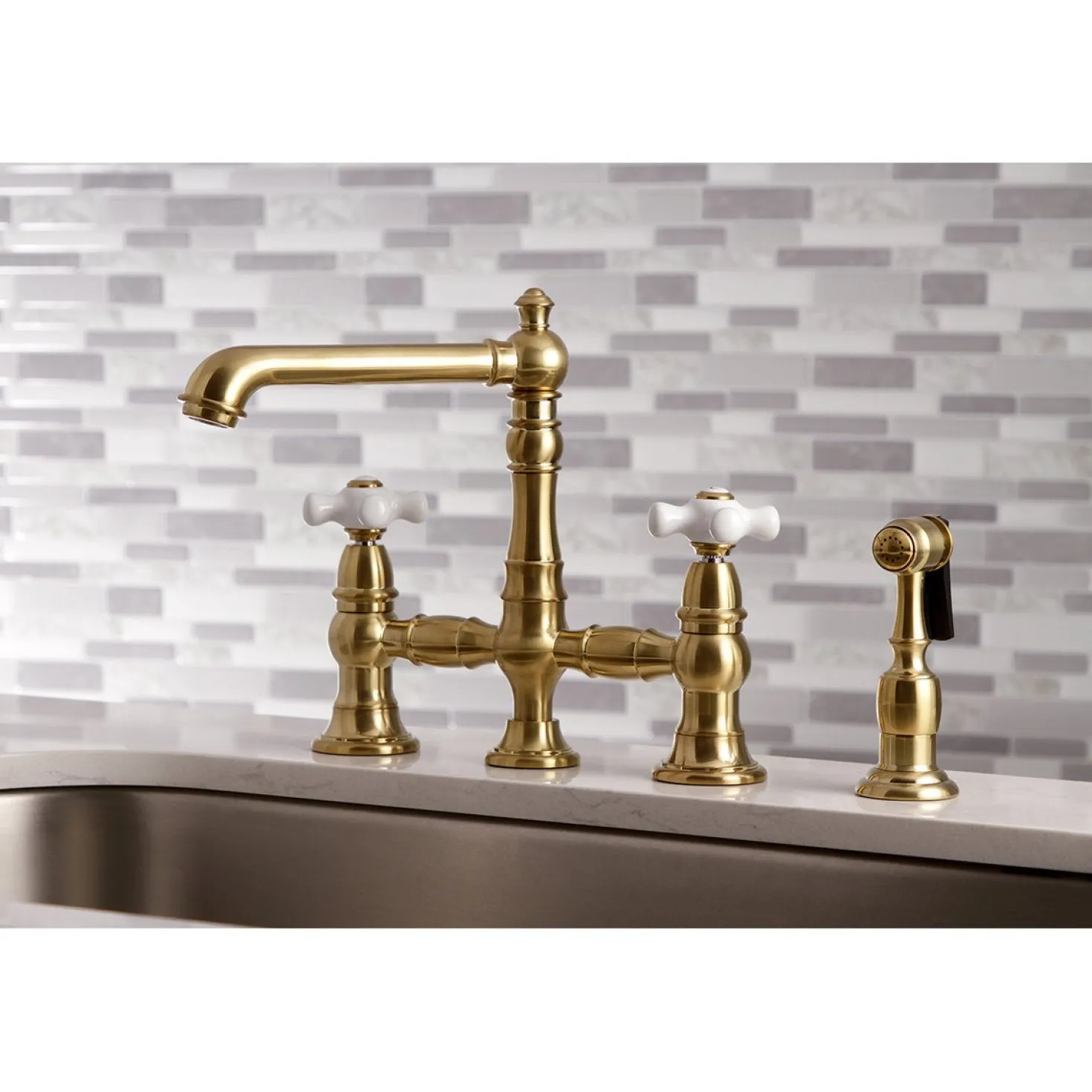 Kingston Brass English Country 8" Bridge 4-Hole Kitchen Faucet with Sprayer