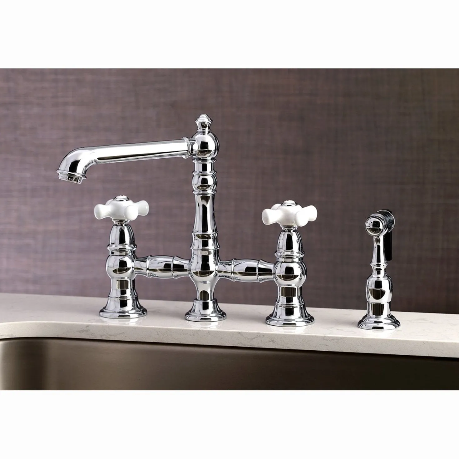 Kingston Brass English Country 8" Bridge 4-Hole Kitchen Faucet with Sprayer