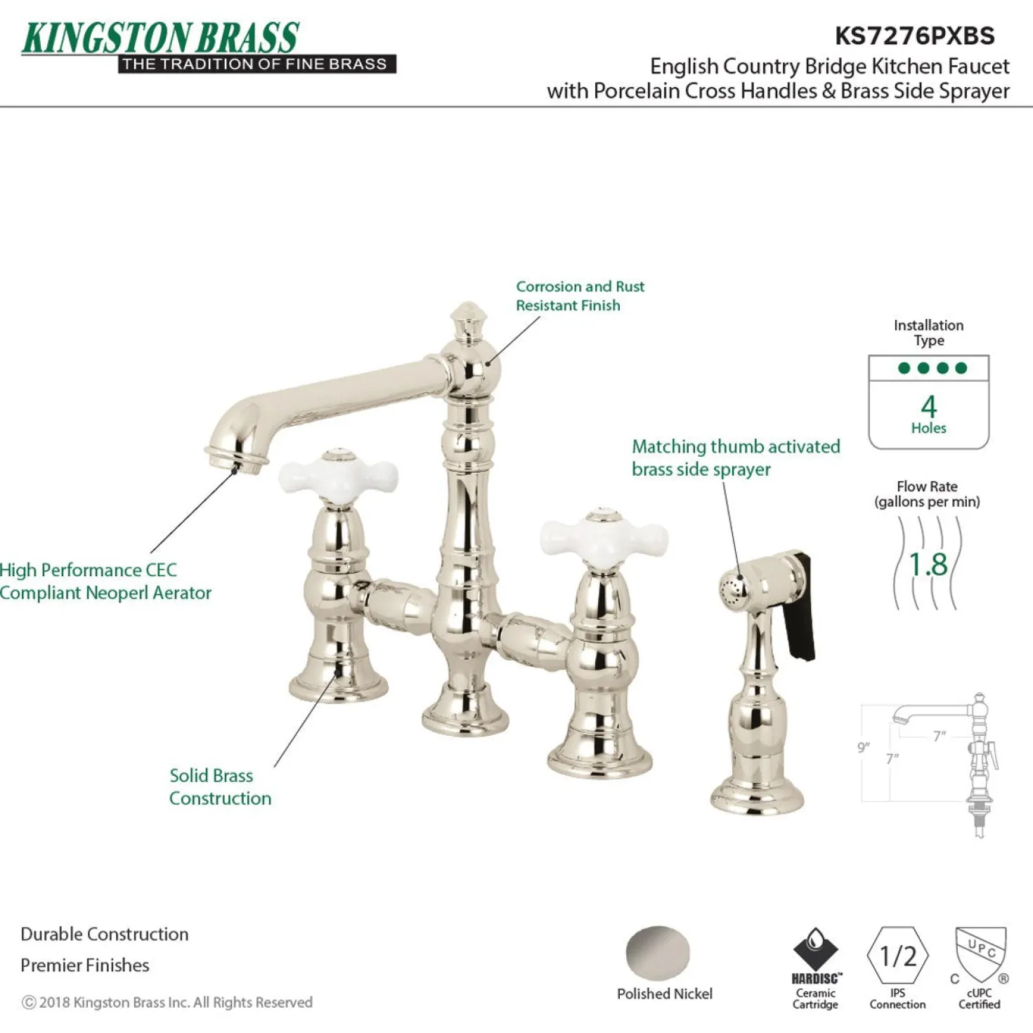 Kingston Brass English Country 8" Bridge 4-Hole Kitchen Faucet with Sprayer