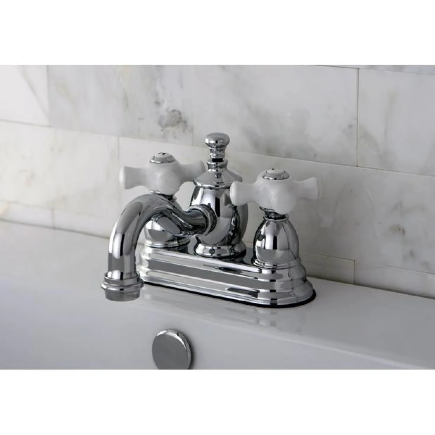 Kingston Brass English Country 4" Centerset Lavatory Faucet with Heritage Spout and Porcelain Cross Handle