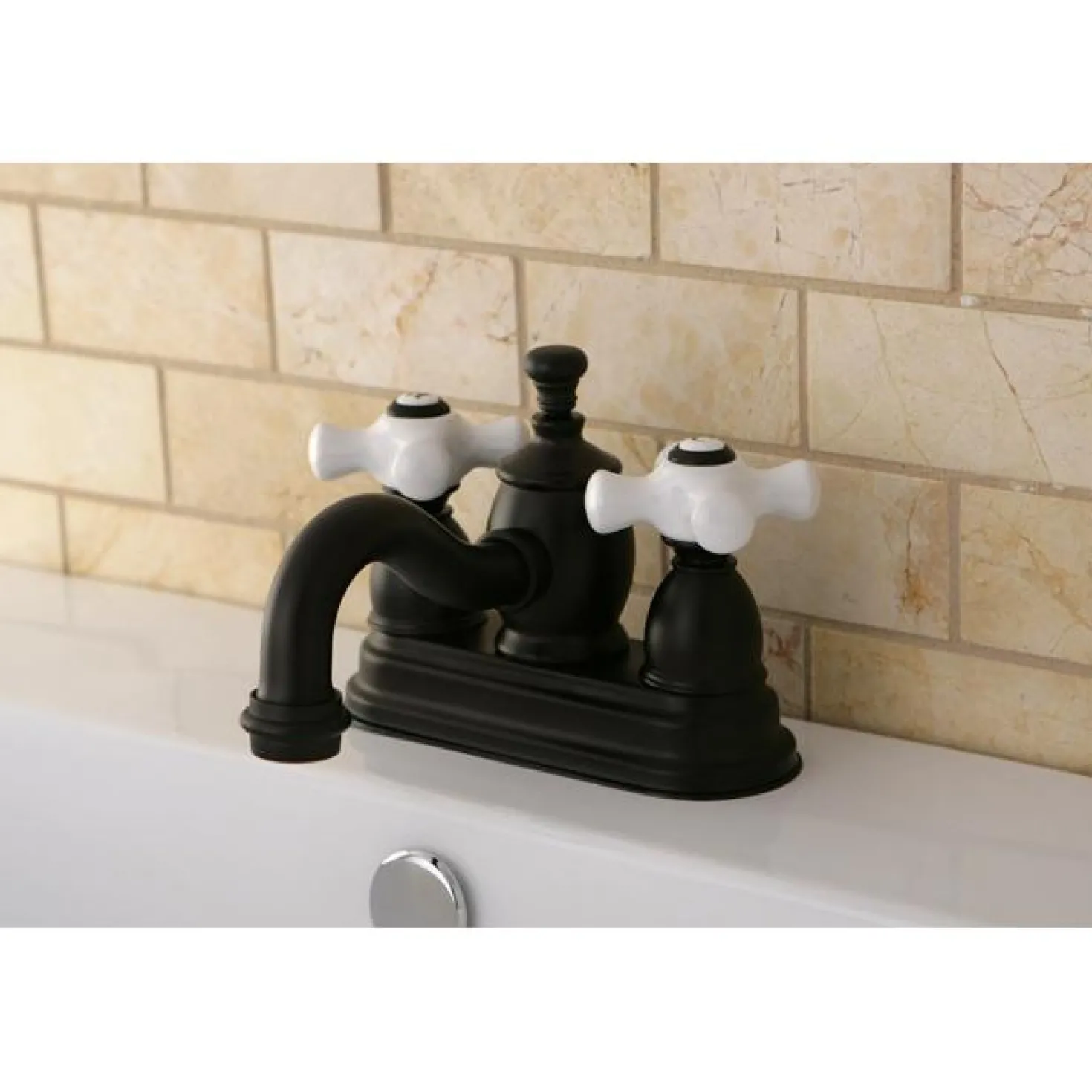 Kingston Brass English Country 4" Centerset Lavatory Faucet with Heritage Spout and Porcelain Cross Handle