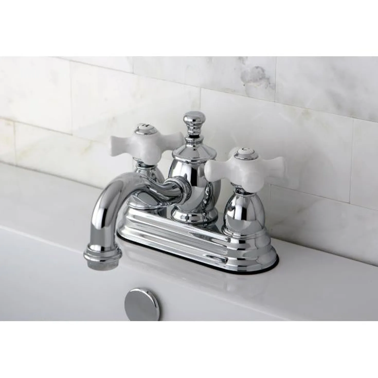 Kingston Brass English Country 4" Centerset Lavatory Faucet with Heritage Spout and Porcelain Cross Handle