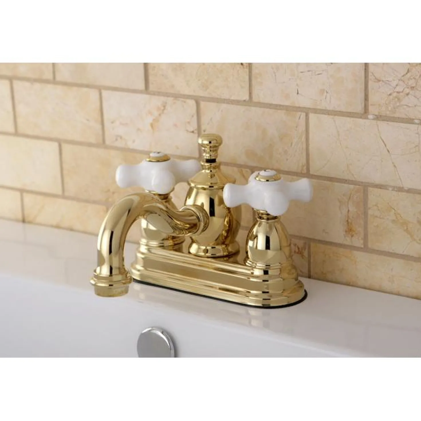 Kingston Brass English Country 4" Centerset Lavatory Faucet with Heritage Spout and Porcelain Cross Handle
