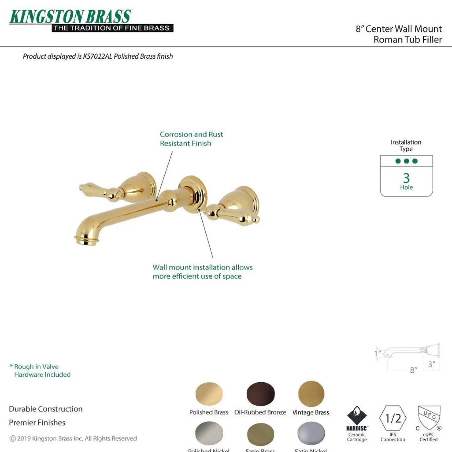 Kingston Brass English Country 8-Inch Center Wall Mount Roman Tub Filler
