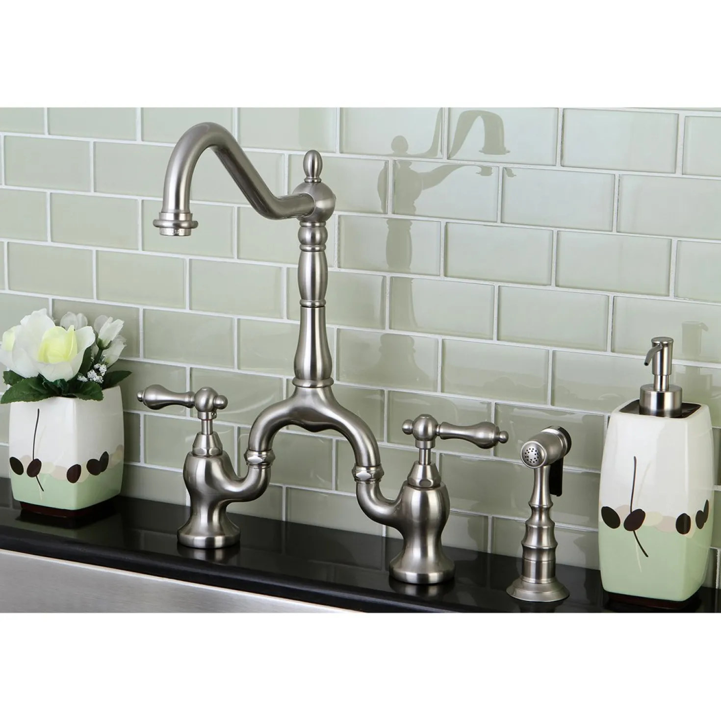 Kingston Brass English Country Kitchen Bridge Faucet with Brass Sprayer