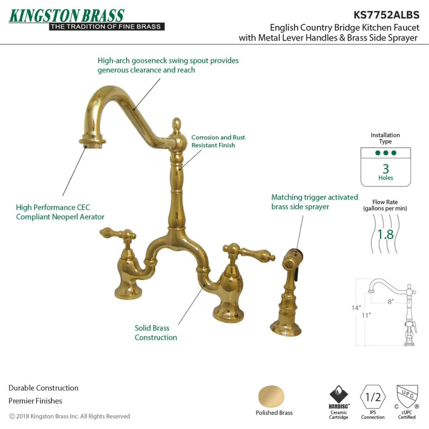 Kingston Brass English Country Kitchen Bridge Faucet with Brass Sprayer