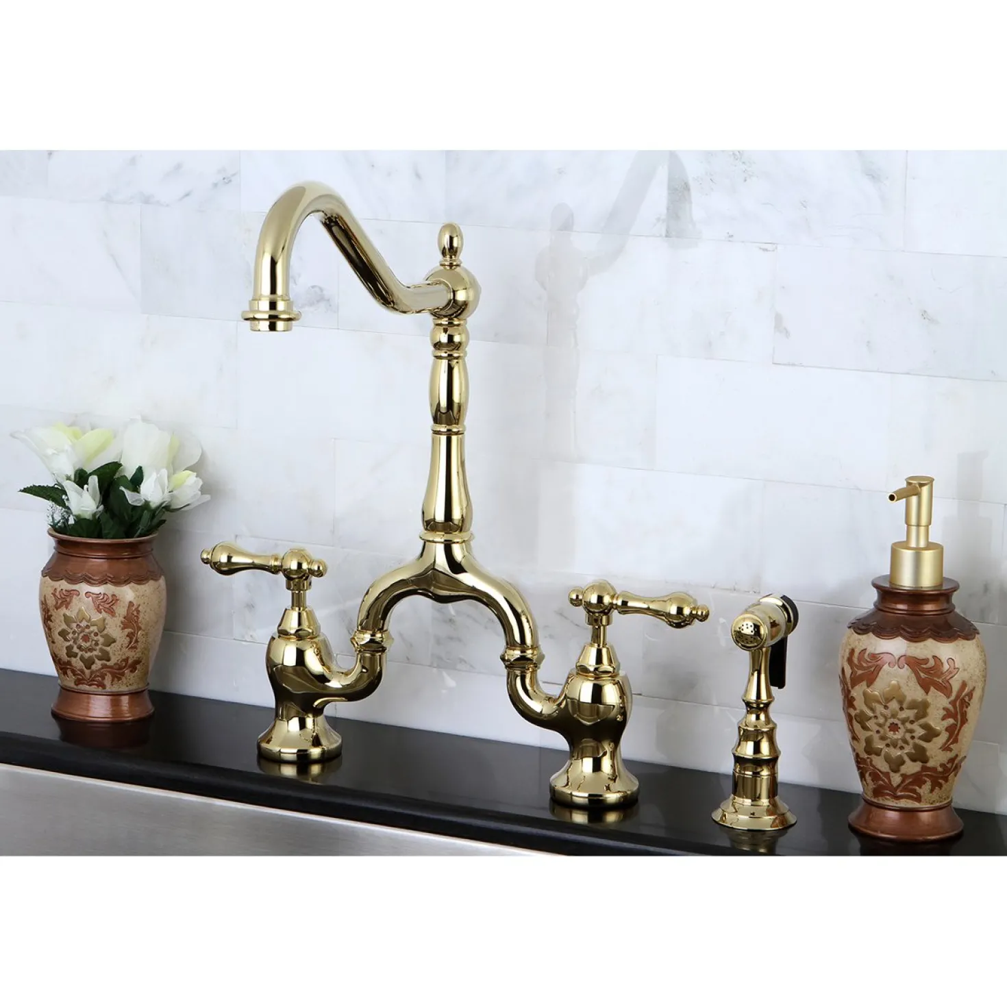Kingston Brass English Country Kitchen Bridge Faucet with Brass Sprayer