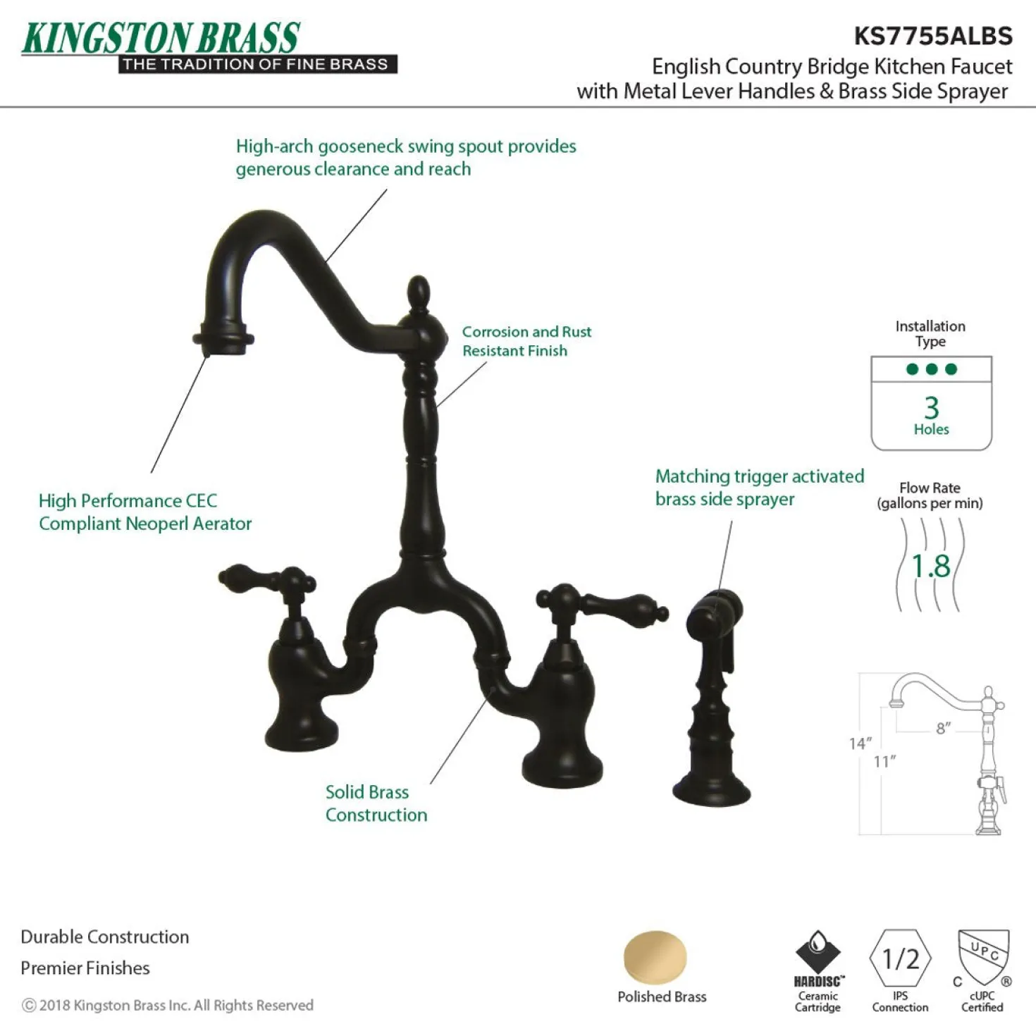 Kingston Brass English Country Kitchen Bridge Faucet with Brass Sprayer
