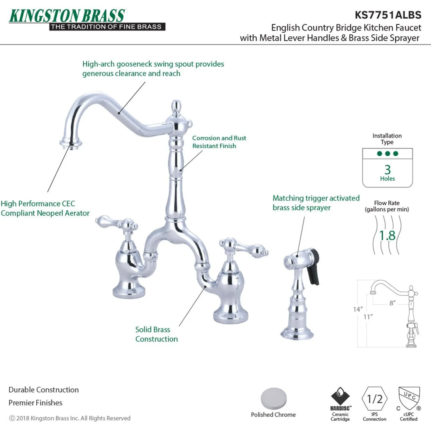 Kingston Brass English Country Kitchen Bridge Faucet with Brass Sprayer