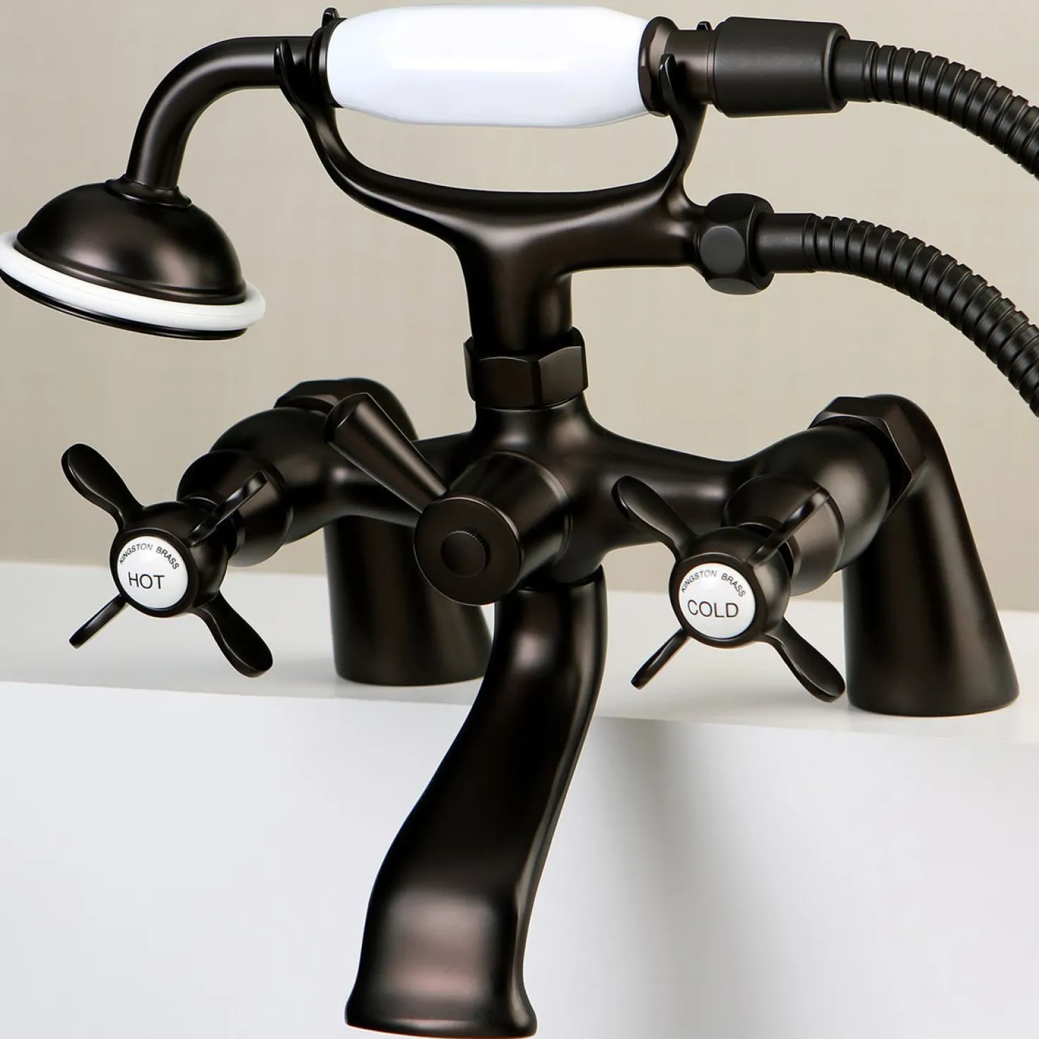 Kingston Brass Essex 6" Centers Deck Mount Clawfoot Tub Filler with Hand Shower