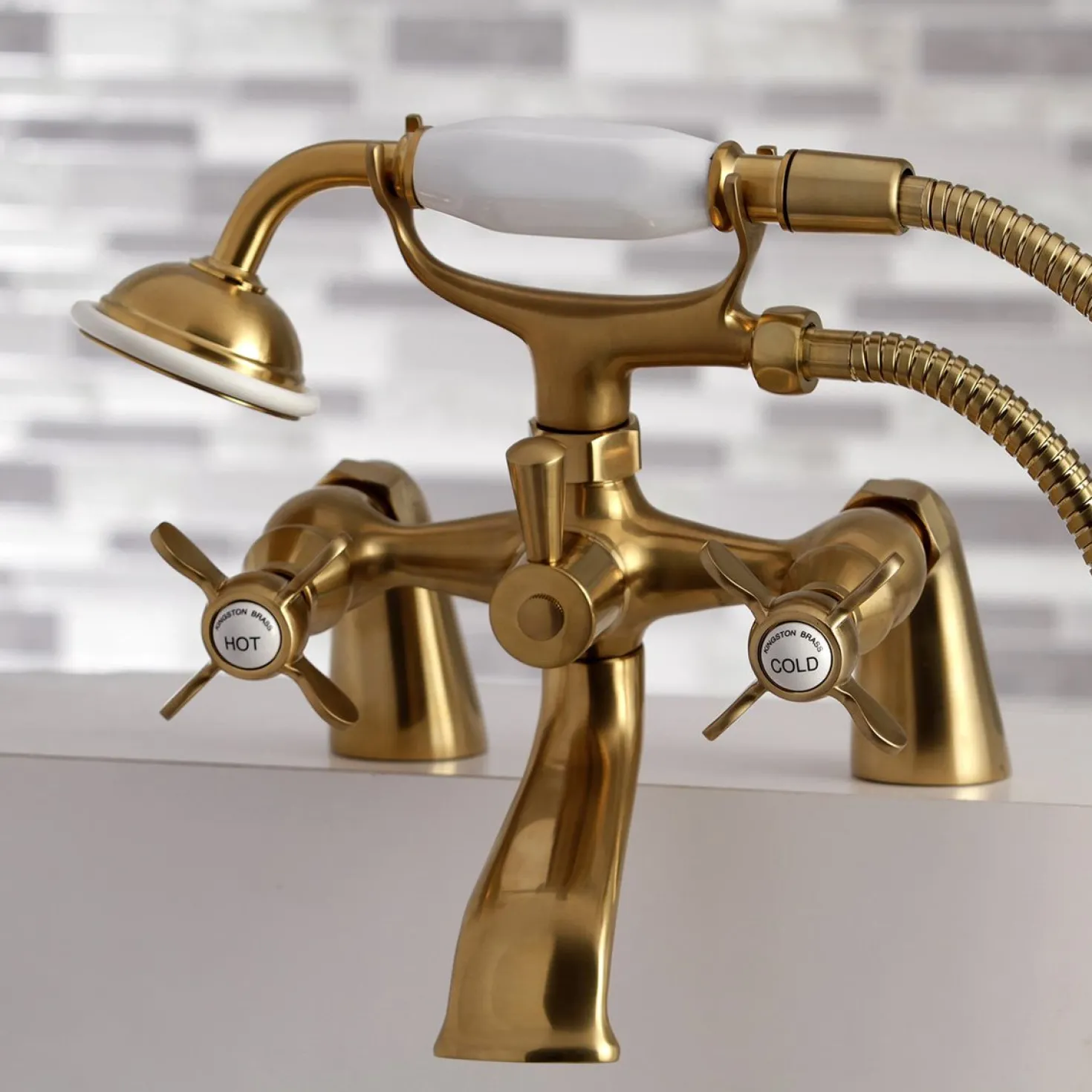 Kingston Brass Essex 6" Centers Deck Mount Clawfoot Tub Filler with Hand Shower