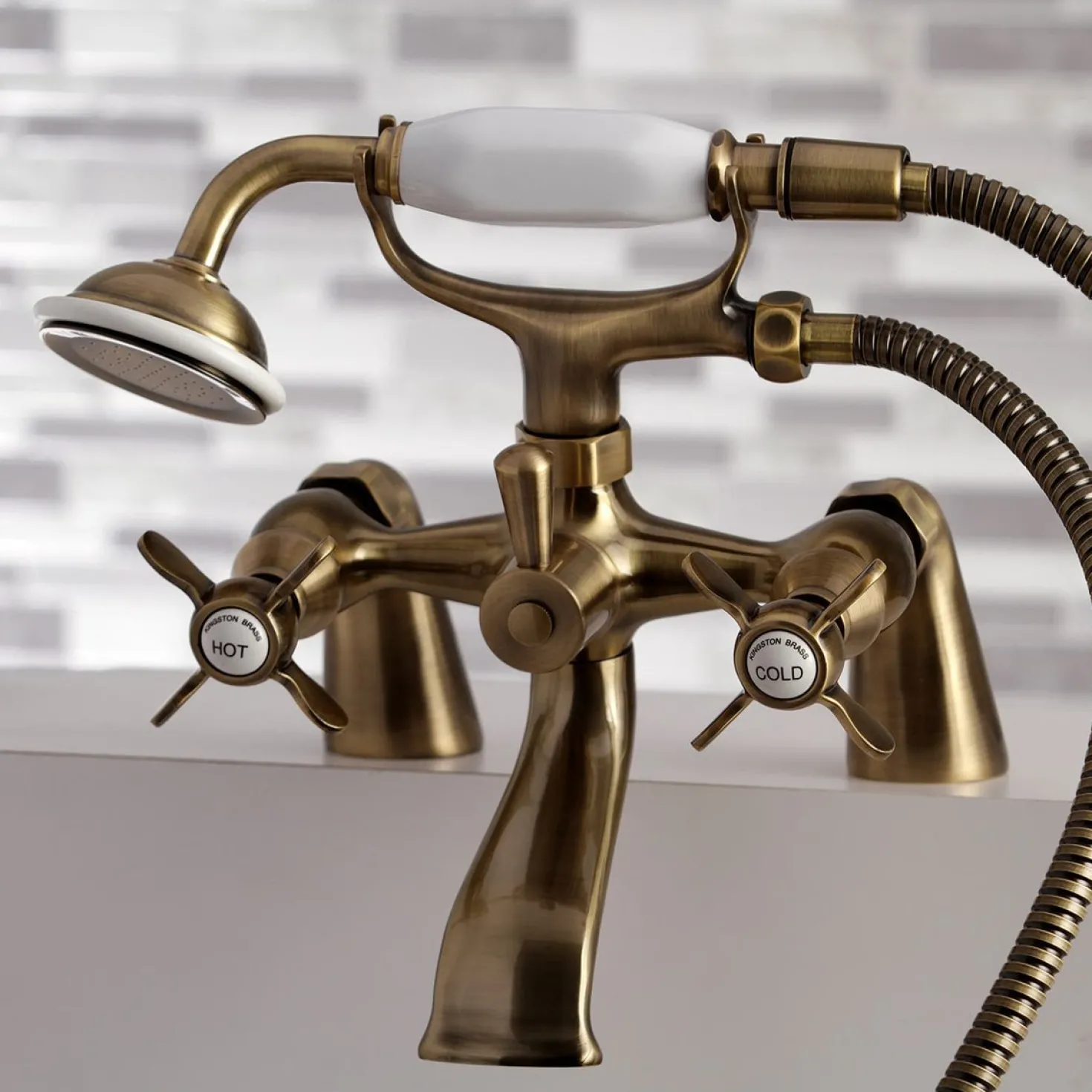 Kingston Brass Essex 6" Centers Deck Mount Clawfoot Tub Filler with Hand Shower