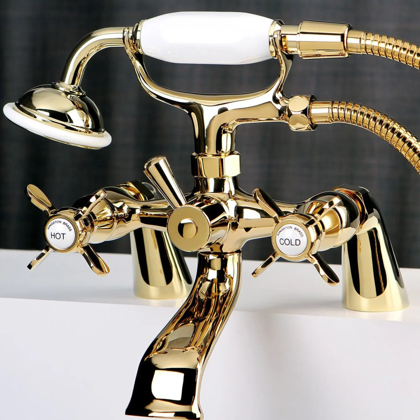 Kingston Brass Essex 6" Centers Deck Mount Clawfoot Tub Filler with Hand Shower