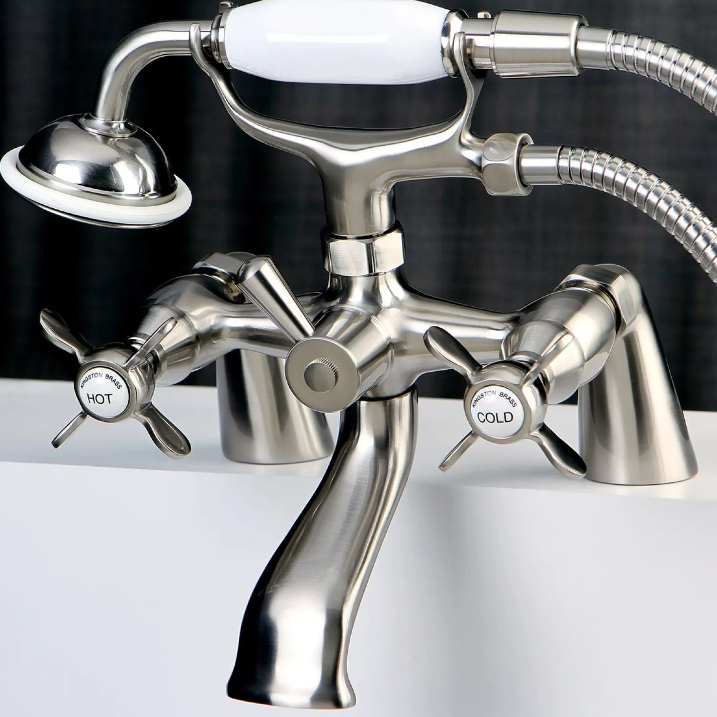 Kingston Brass Essex 6" Centers Deck Mount Clawfoot Tub Filler with Hand Shower