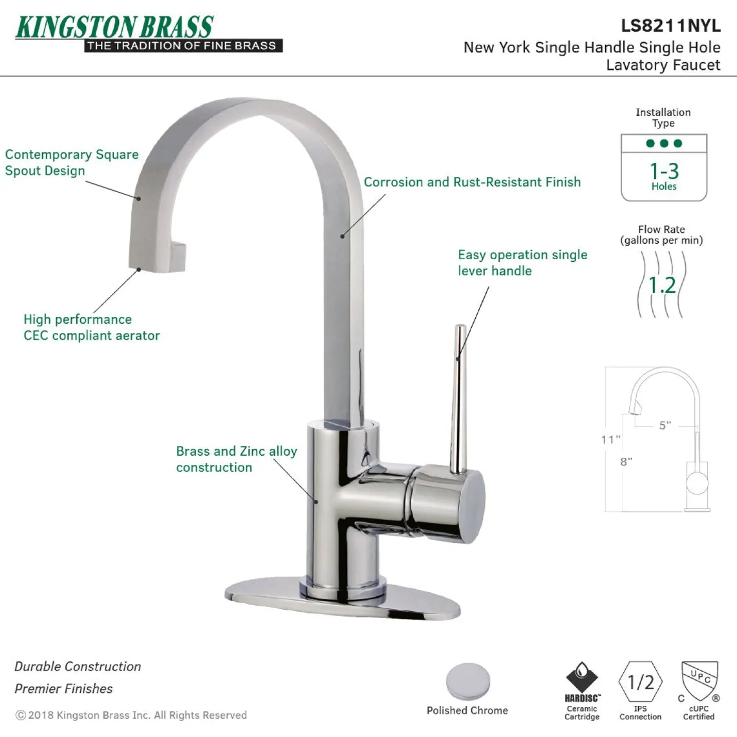 Kingston Brass Fauceture New York Single-Handle Bathroom Faucet Drain
