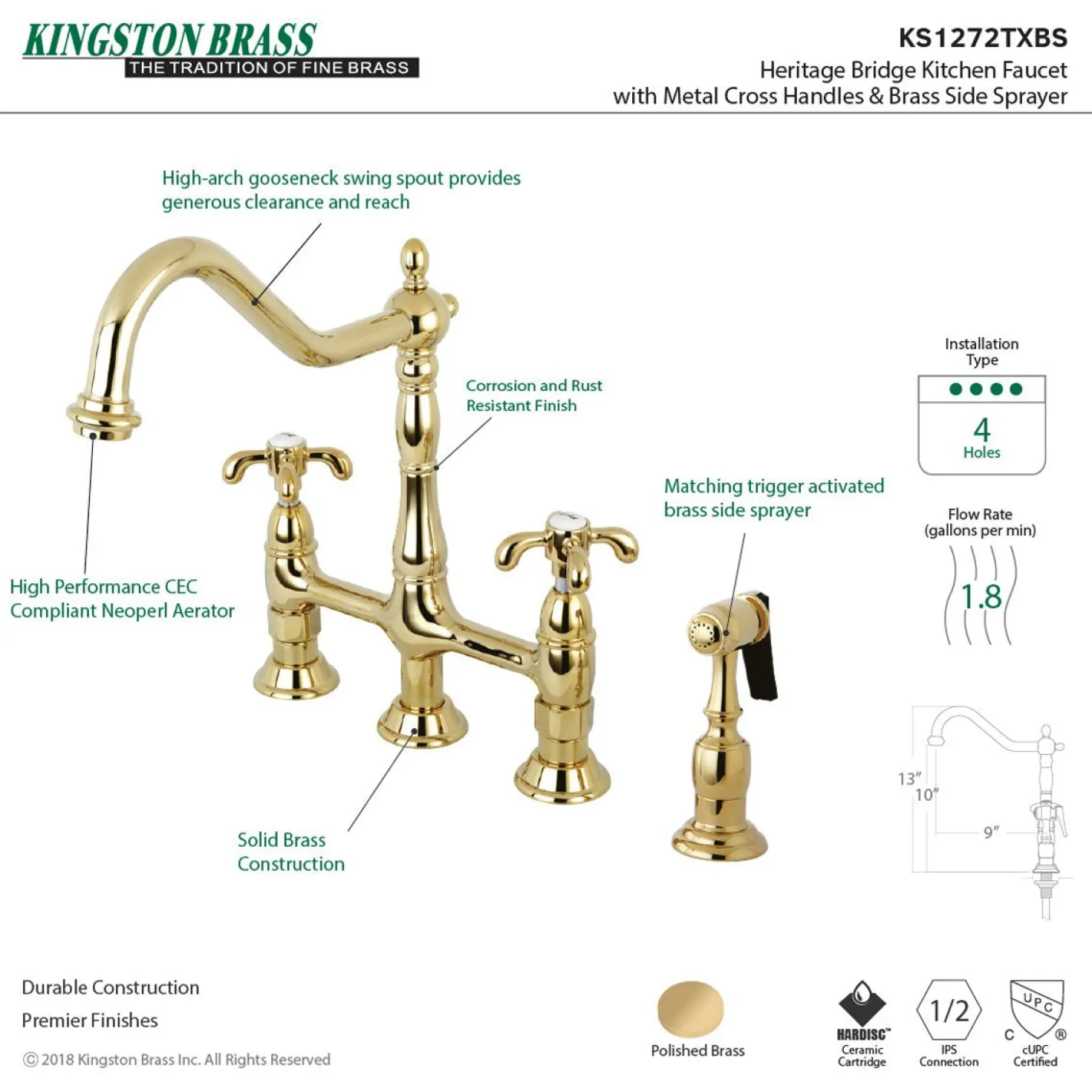 Kingston Brass French Country Kitchen Bridge Faucet with Brass Sprayer