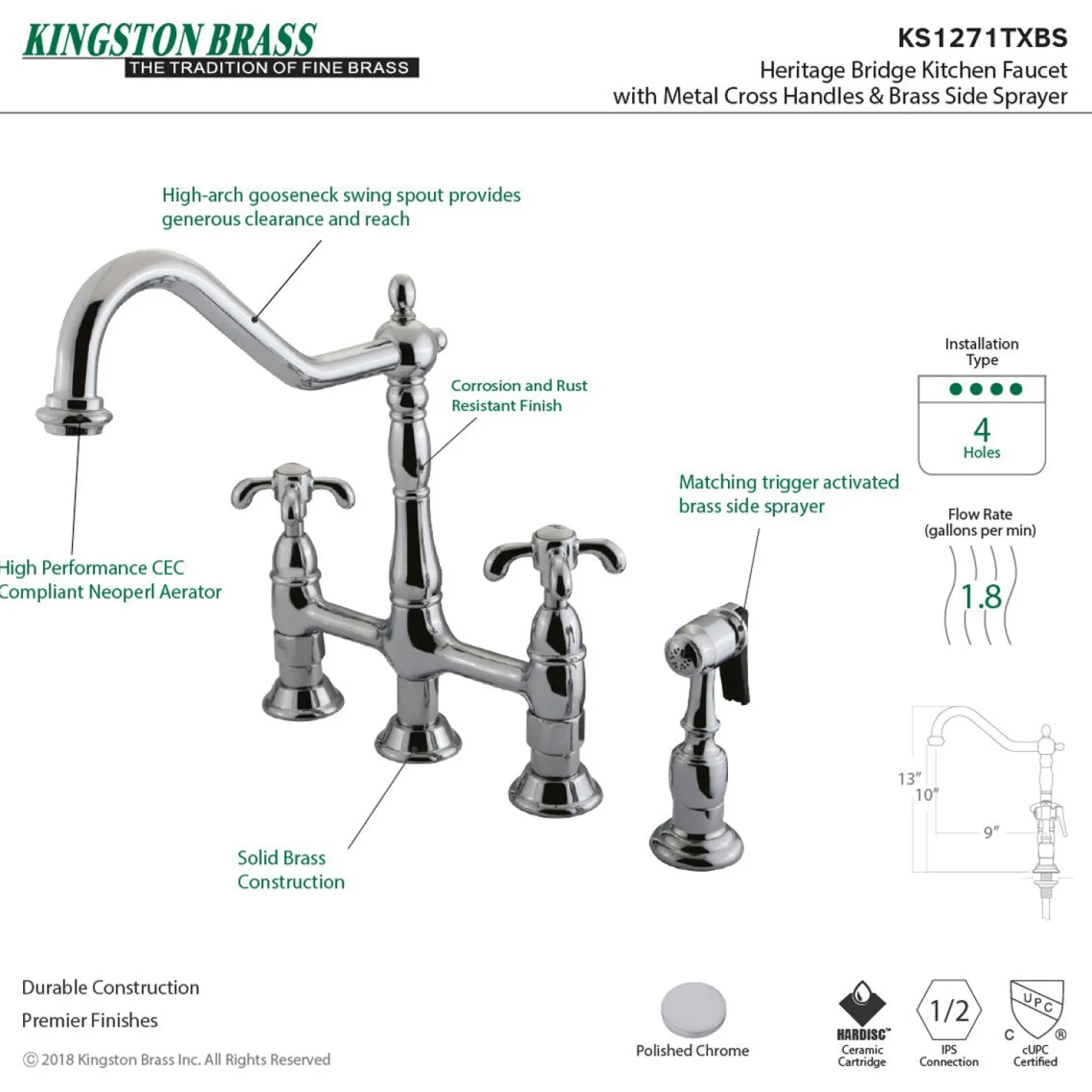 Kingston Brass French Country Kitchen Bridge Faucet with Brass Sprayer
