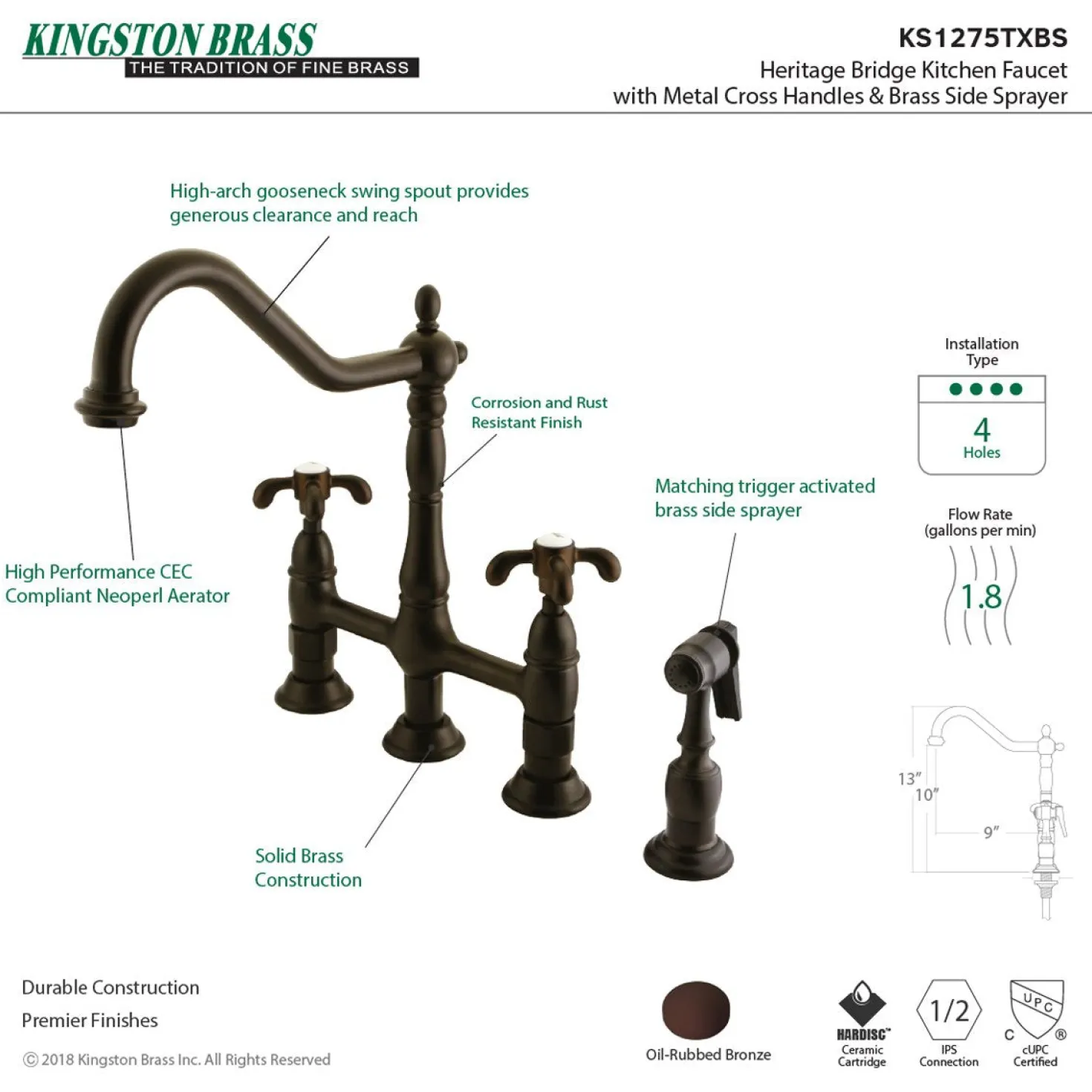 Kingston Brass French Country Kitchen Bridge Faucet with Brass Sprayer