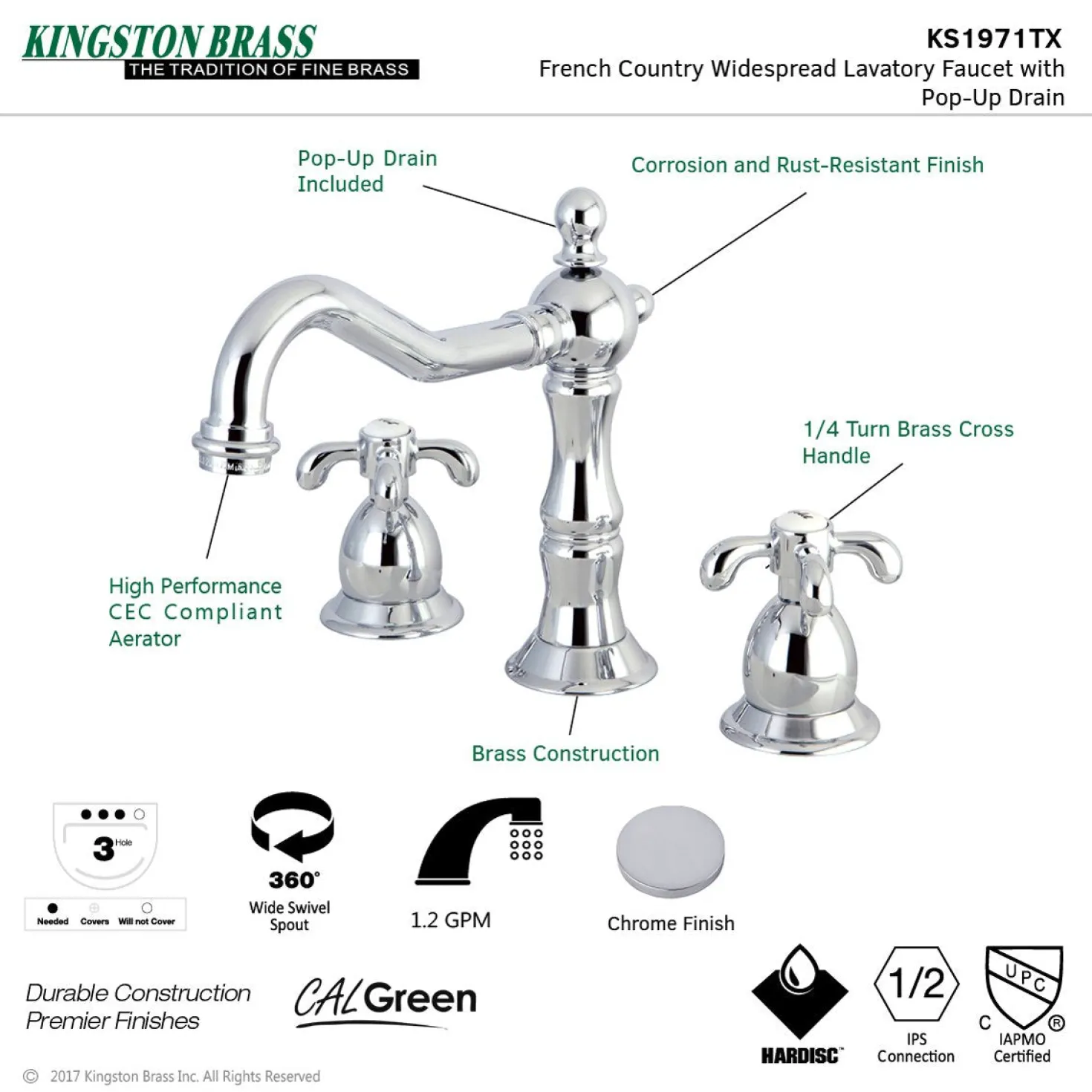 Kingston Brass French Country 3-Hole 8-Inch Widespread Bathroom Faucet