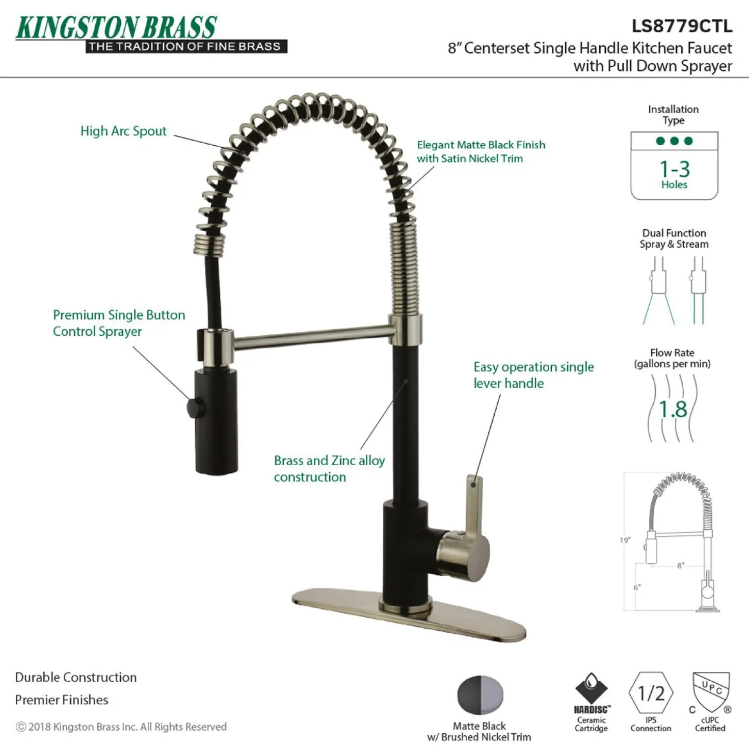 Kingston Brass Gourmetier Continental Single-Hole Single-Handle Pre-Rinse Kitchen Faucet