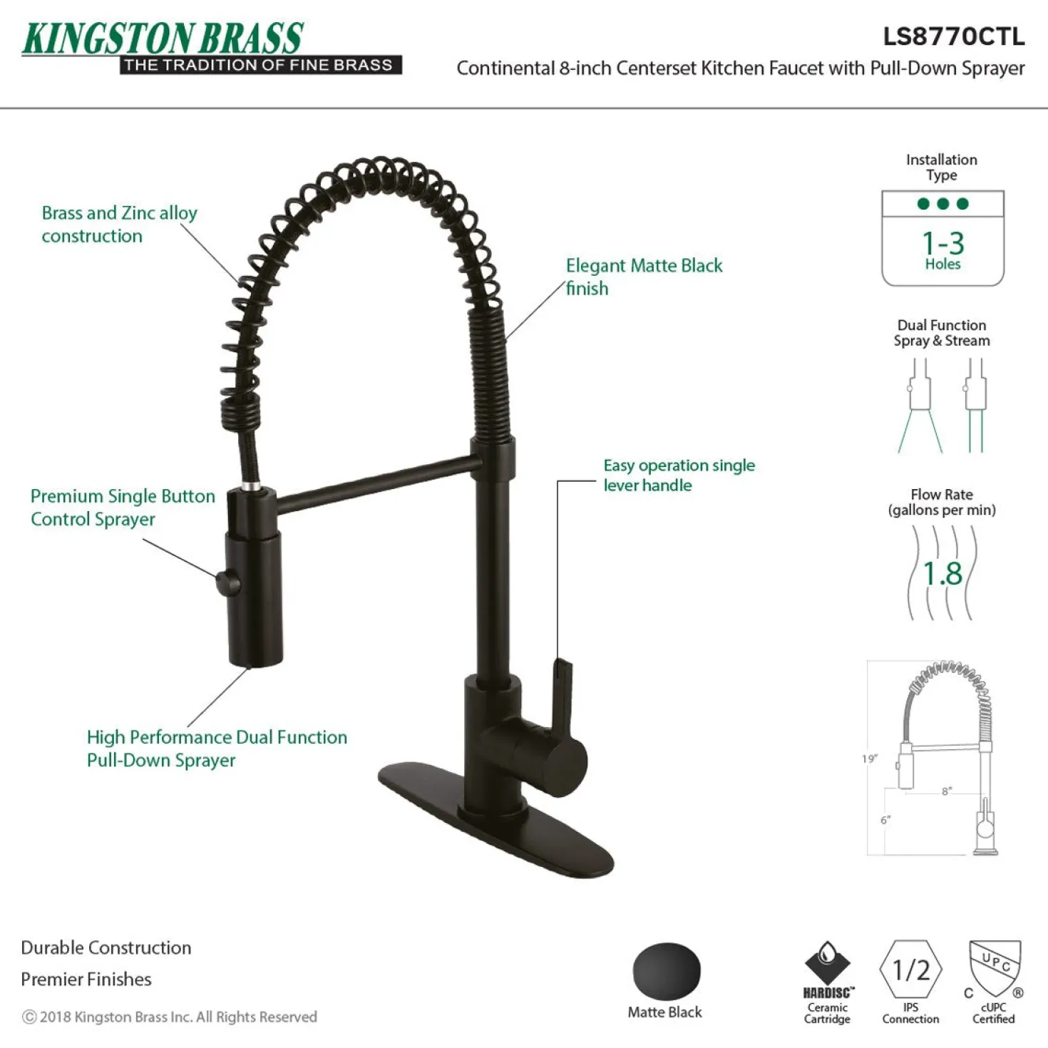 Kingston Brass Gourmetier Continental Single-Hole Single-Handle Pre-Rinse Kitchen Faucet