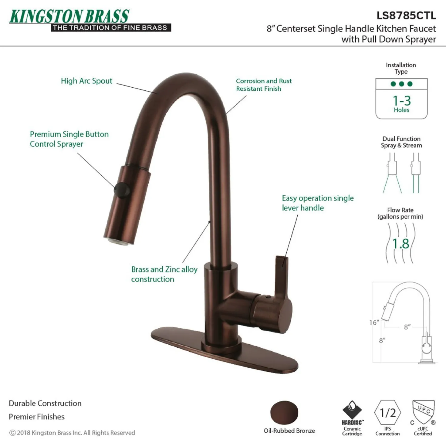 Kingston Brass Gourmetier Continental Single-Handle Single-Hole Pull-Down Kitchen Faucet