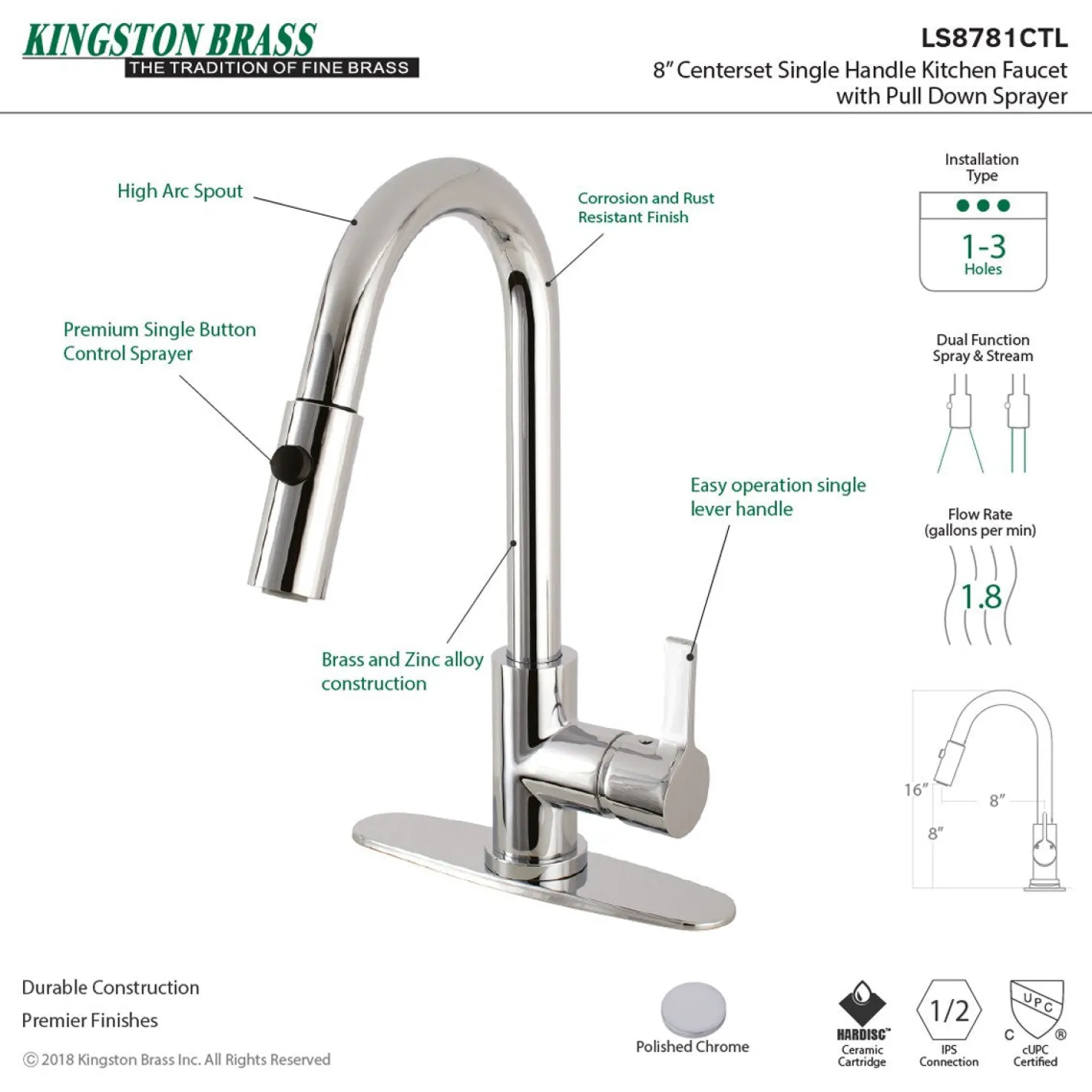 Kingston Brass Gourmetier Continental Single-Handle Single-Hole Pull-Down Kitchen Faucet