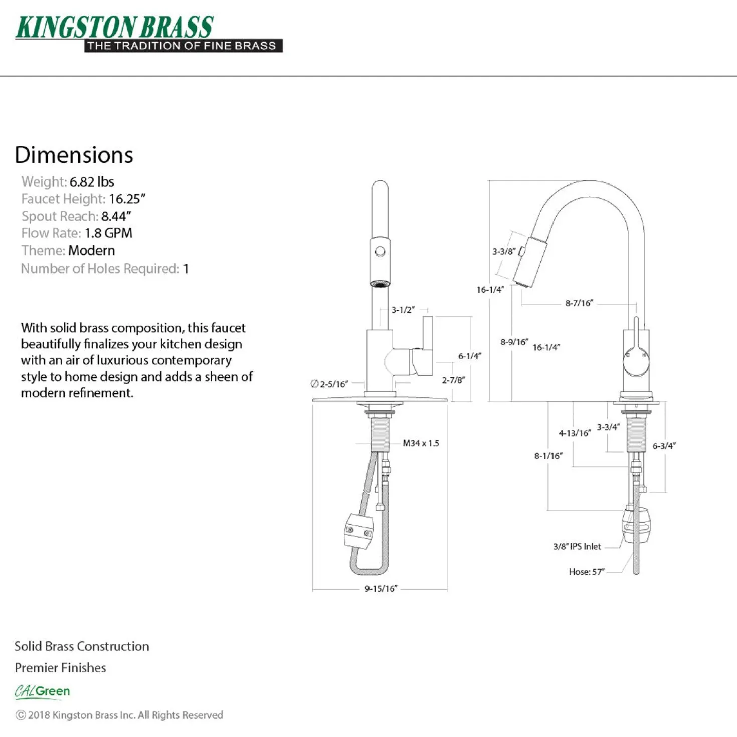 Kingston Brass Gourmetier Continental Single-Handle Single-Hole Pull-Down Kitchen Faucet