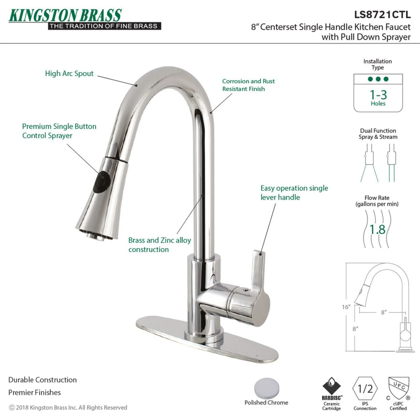 Kingston Brass Gourmetier Continental Deck Mount Single-Handle Pull-Down Kitchen Faucet