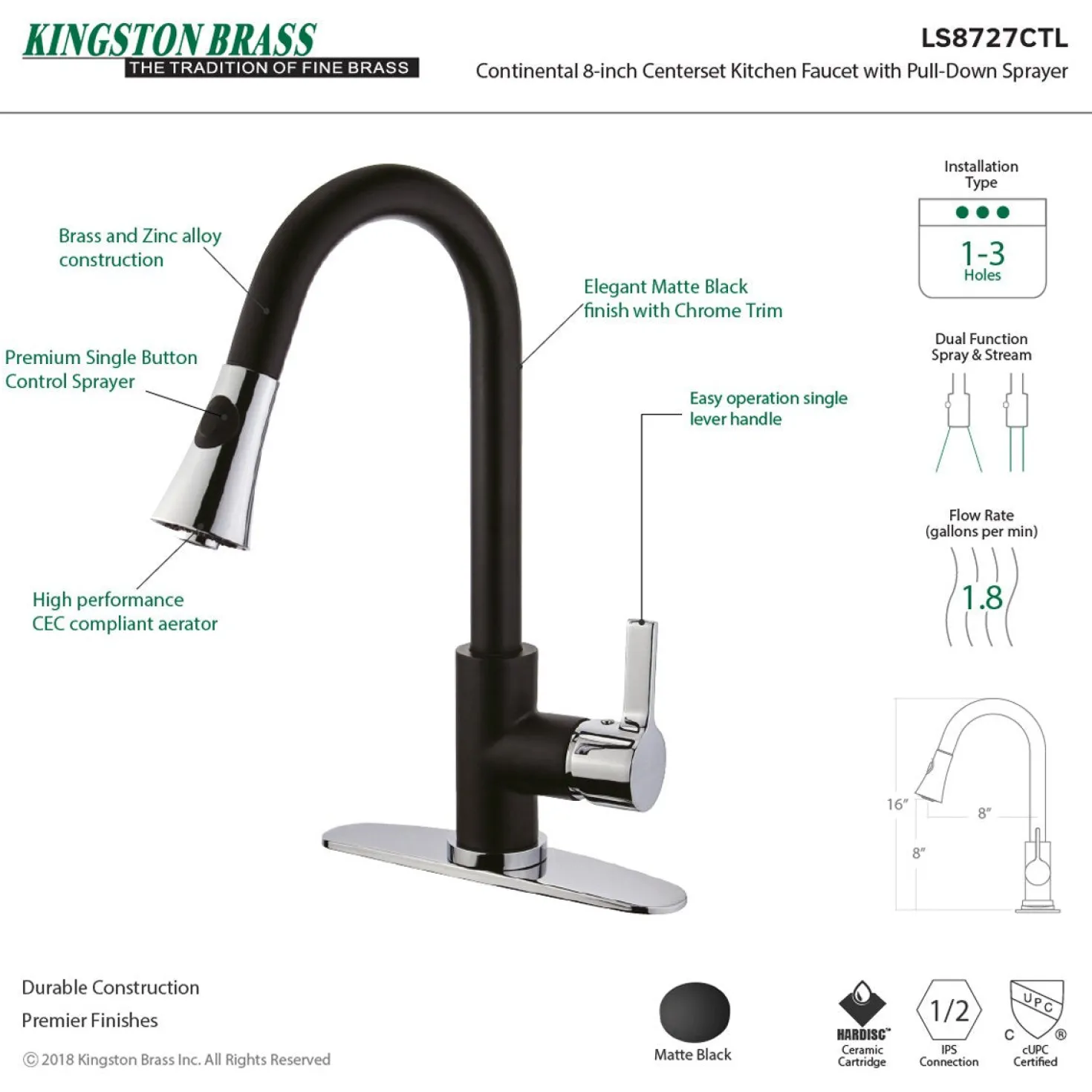 Kingston Brass Gourmetier Continental Deck Mount Single-Handle Pull-Down Kitchen Faucet