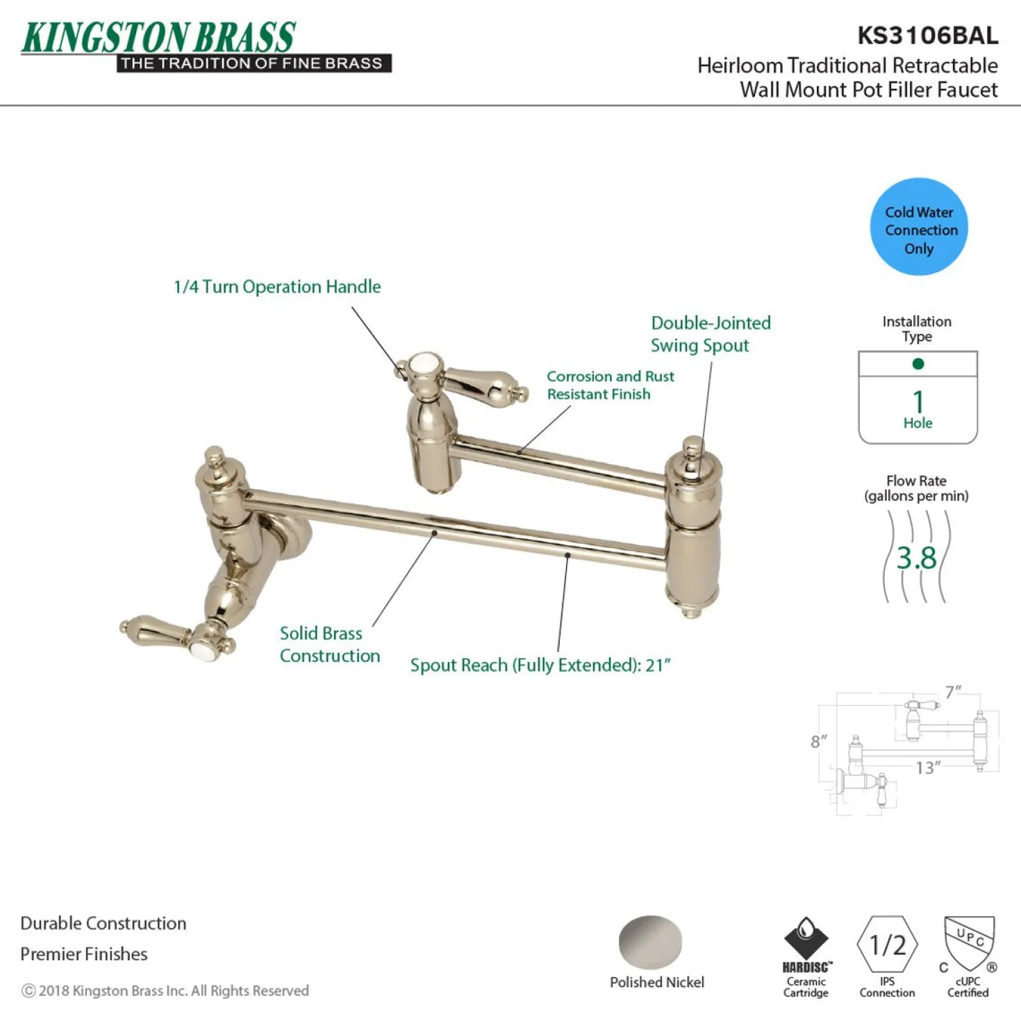 Kingston Brass Heirloom Wall Mount Pot Filler Kitchen Faucet