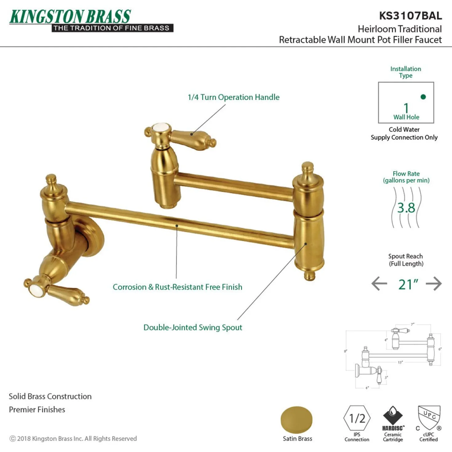 Kingston Brass Heirloom Wall Mount Pot Filler Kitchen Faucet