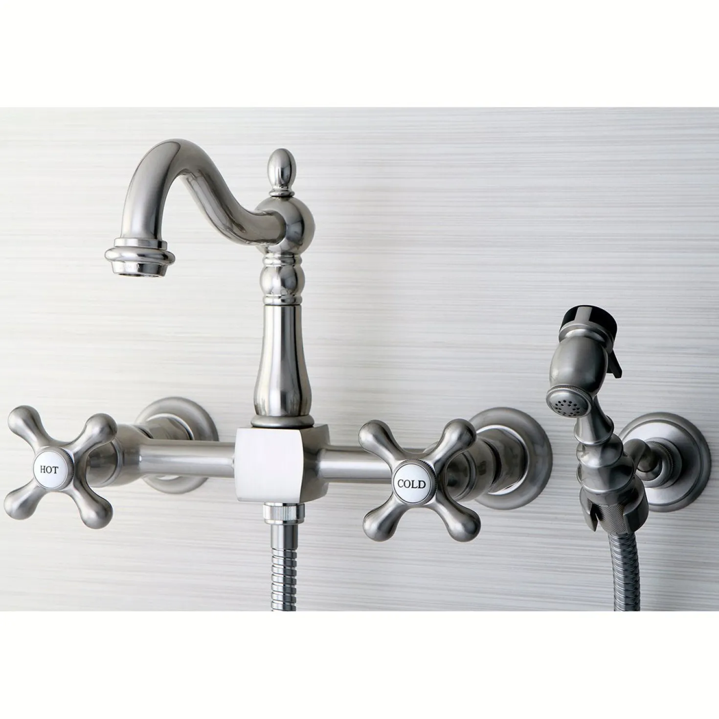 Kingston Brass Heritage 8" Centerset Wall Mount Kitchen Faucet with Brass Sprayer