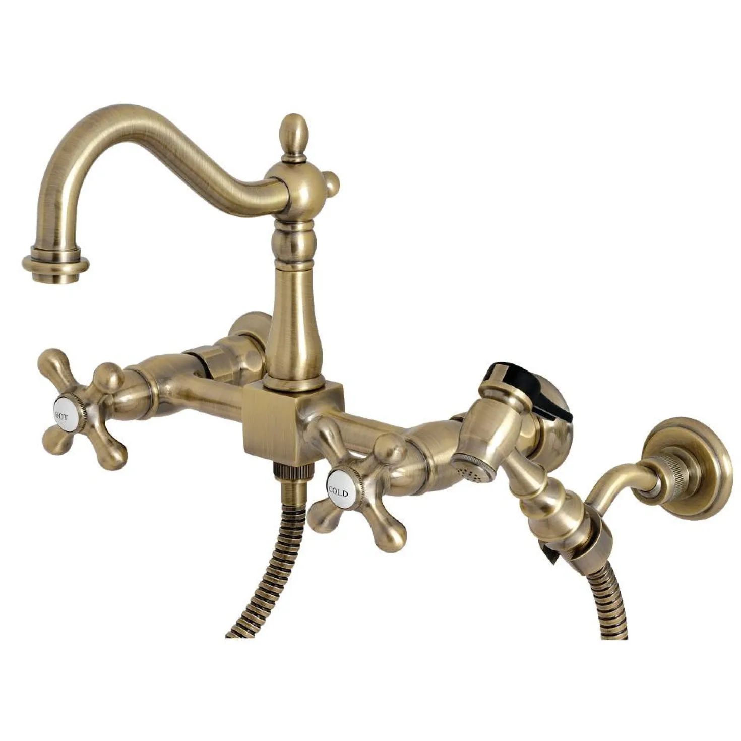 Kingston Brass Heritage 8" Centerset Wall Mount Kitchen Faucet with Brass Sprayer
