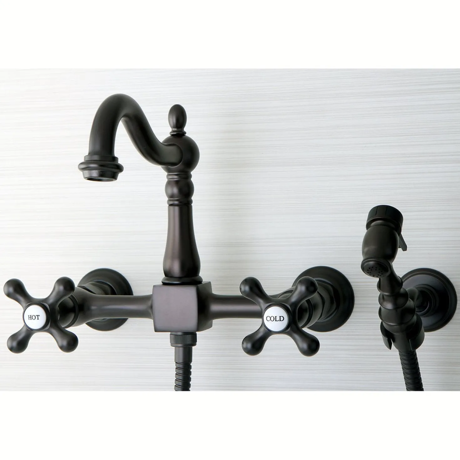 Kingston Brass Heritage 8" Centerset Wall Mount Kitchen Faucet with Brass Sprayer