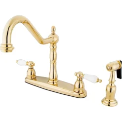 Kingston Brass Heritage 8" Center Kitchen Faucet with Brass Sprayer and Porcelain Lever Handle