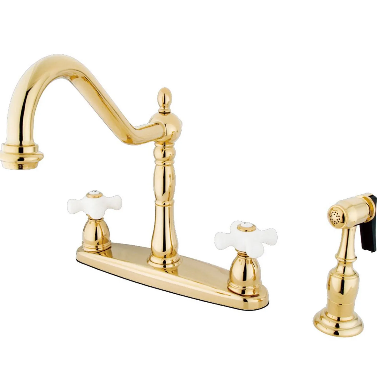 Kingston Brass Heritage 8" Center Two Handle Deck Mount Kitchen Faucet with Brass Sprayer