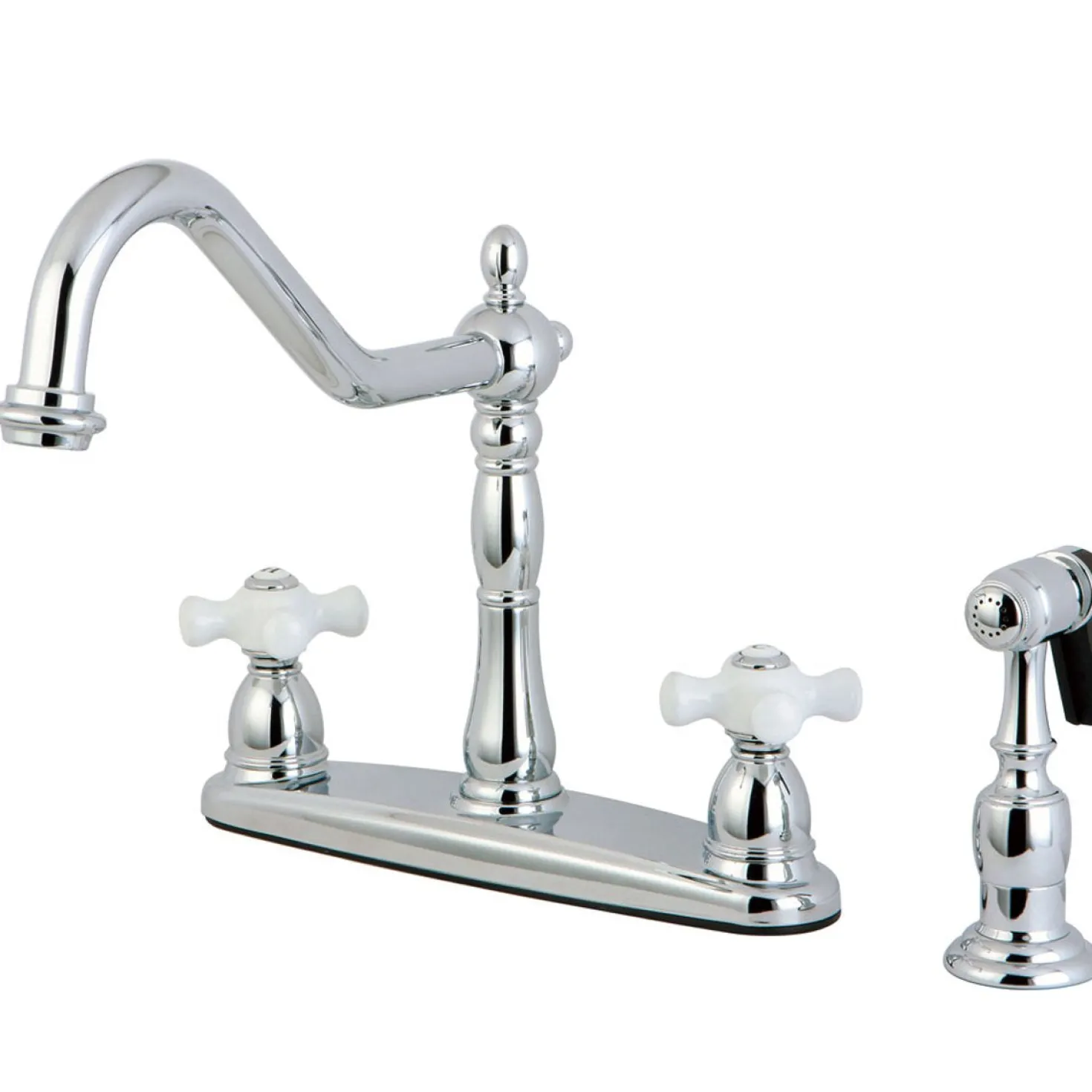 Kingston Brass Heritage 8" Center Two Handle Deck Mount Kitchen Faucet with Brass Sprayer
