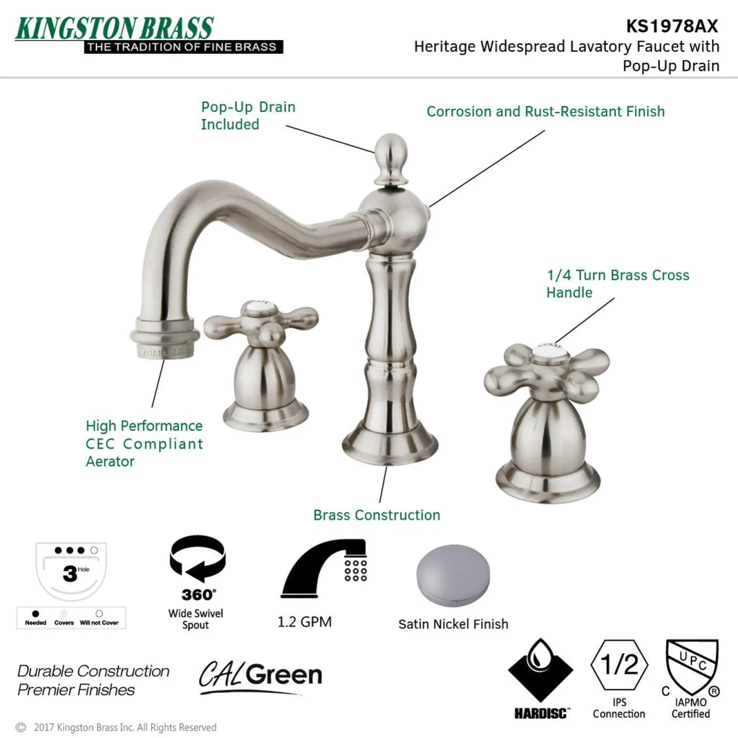 Kingston Brass Heritage Cross-Handle 8-Inch Widespread Bathroom Faucet