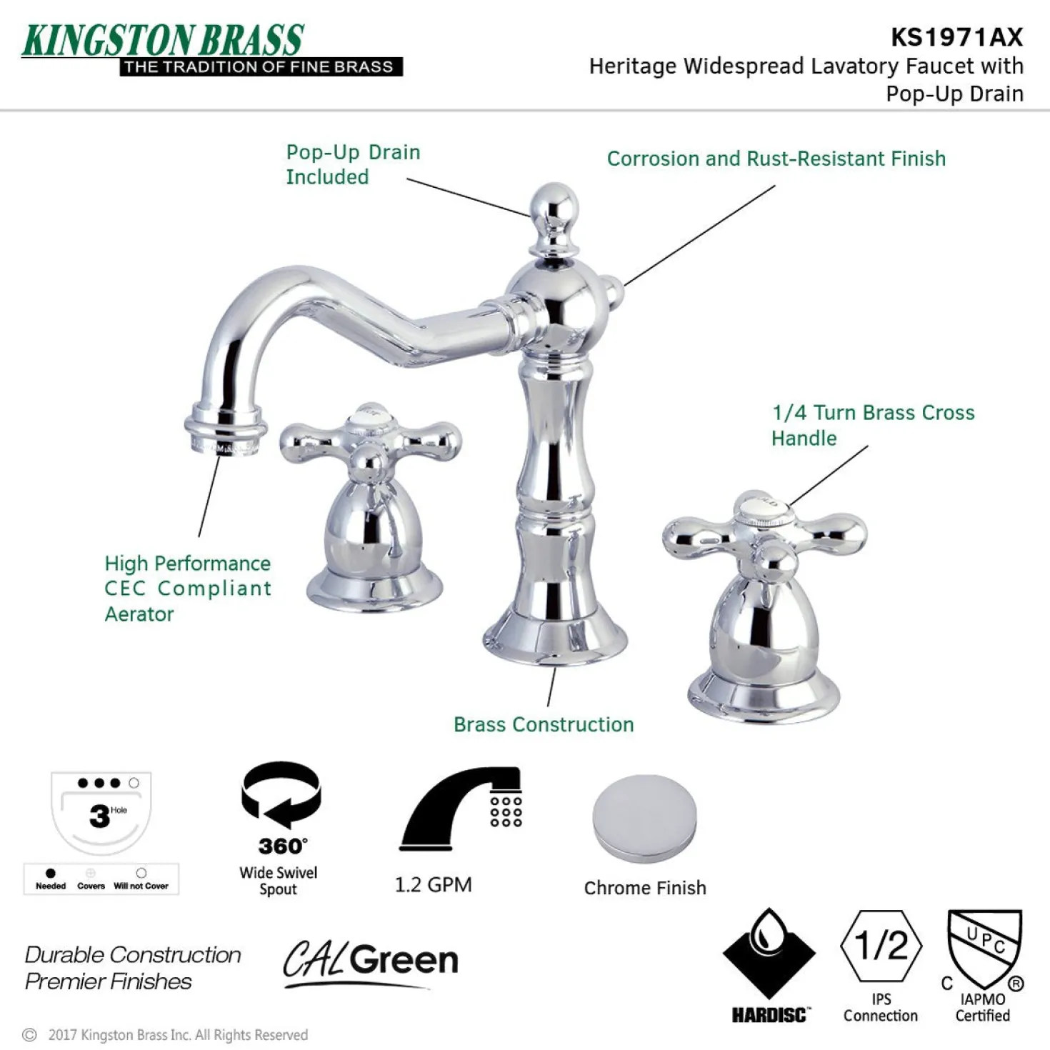 Kingston Brass Heritage Cross-Handle 8-Inch Widespread Bathroom Faucet