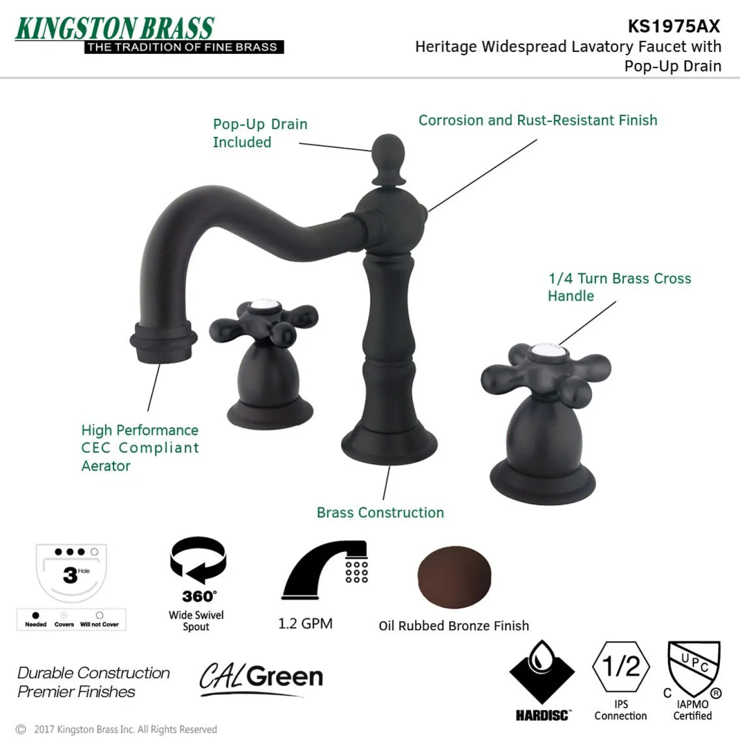 Kingston Brass Heritage Cross-Handle 8-Inch Widespread Bathroom Faucet