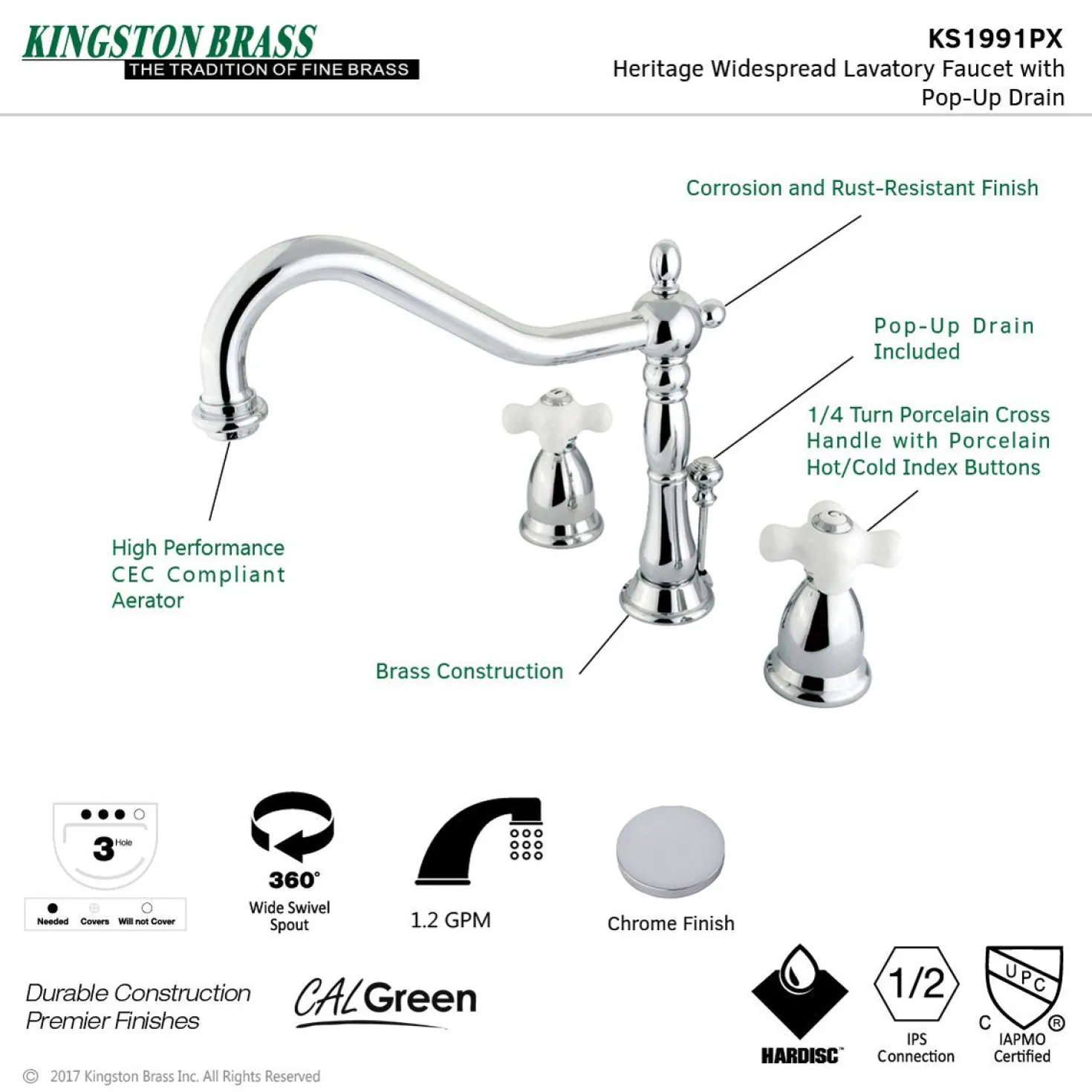 Kingston Brass Heritage Cross-Handle 3-Hole 8-Inch Widespread Bathroom Faucet