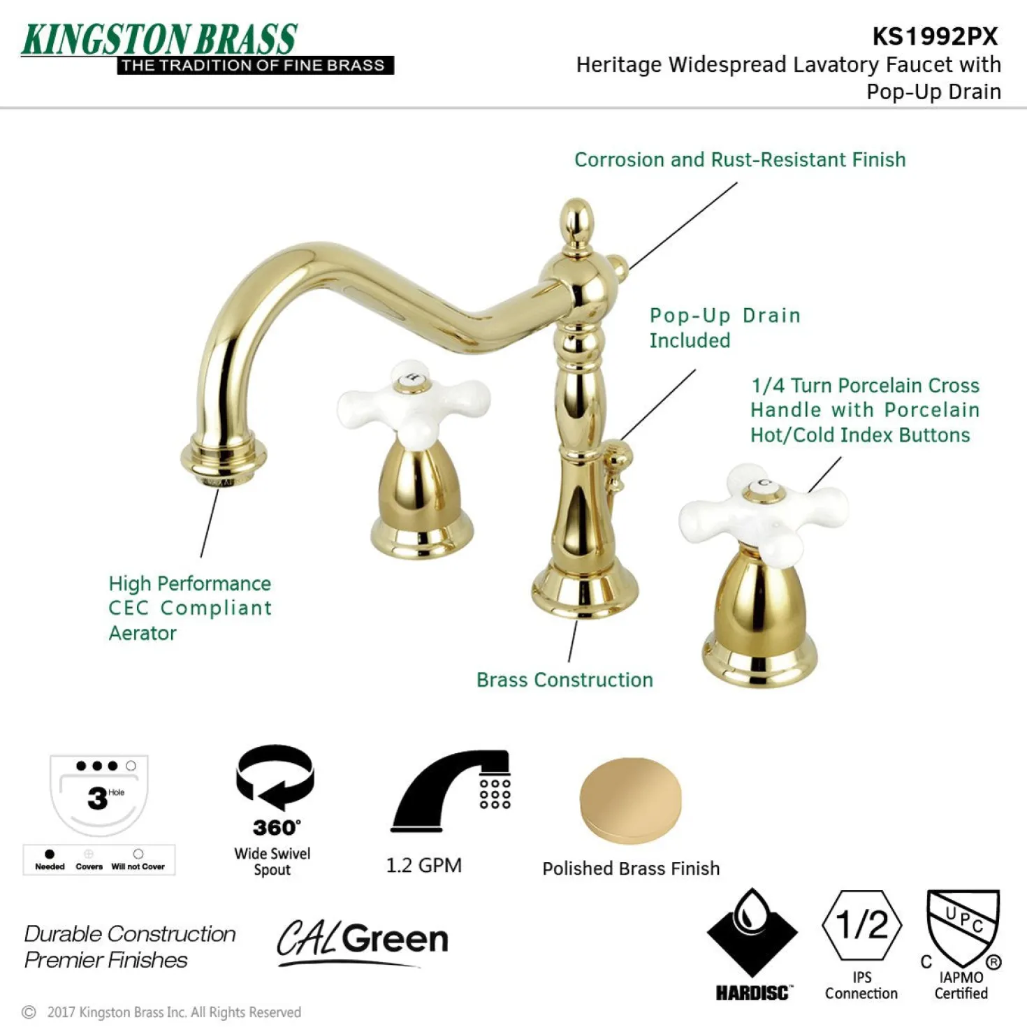 Kingston Brass Heritage Cross-Handle 3-Hole 8-Inch Widespread Bathroom Faucet