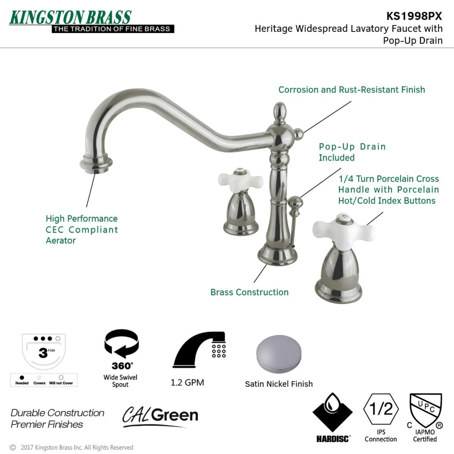 Kingston Brass Heritage Cross-Handle 3-Hole 8-Inch Widespread Bathroom Faucet