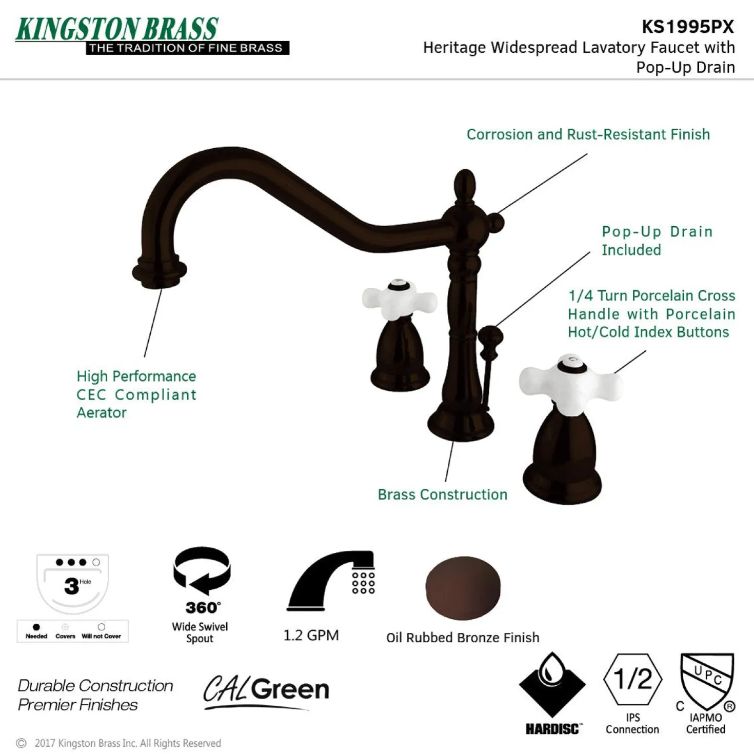 Kingston Brass Heritage Cross-Handle 3-Hole 8-Inch Widespread Bathroom Faucet